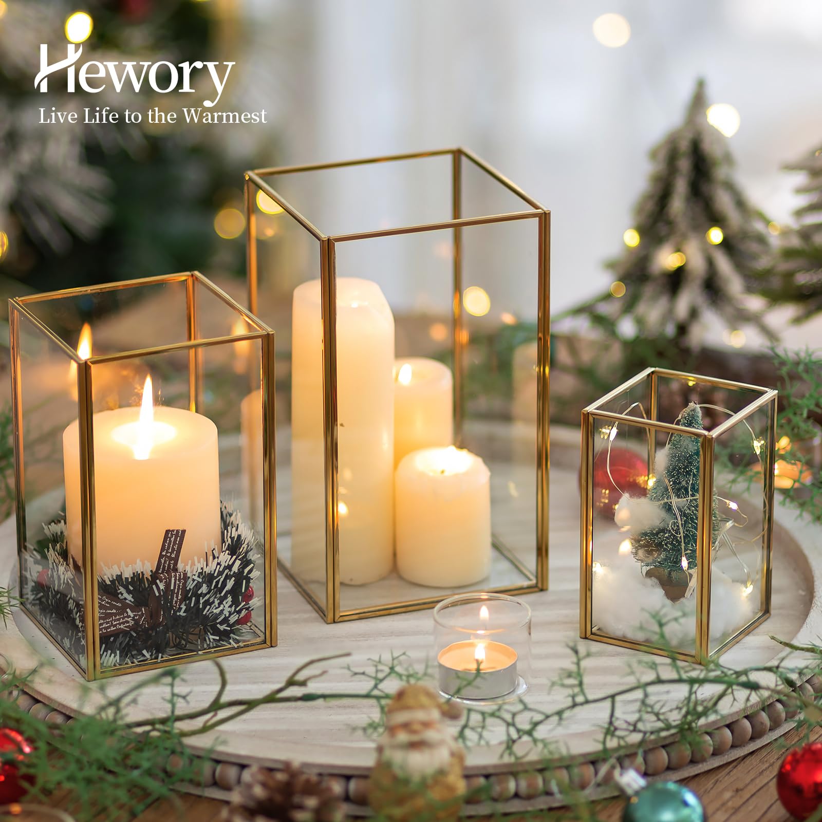 Hewory Glass Hurricane Candle Holder Set of 3 - Gold Metal Frame Square Clear Candle Holders for Wedding, Christmas, Engagement, Birthday Party Decor - Perfect for Table Centerpieces, Home Decor, and Romantic Ambiance