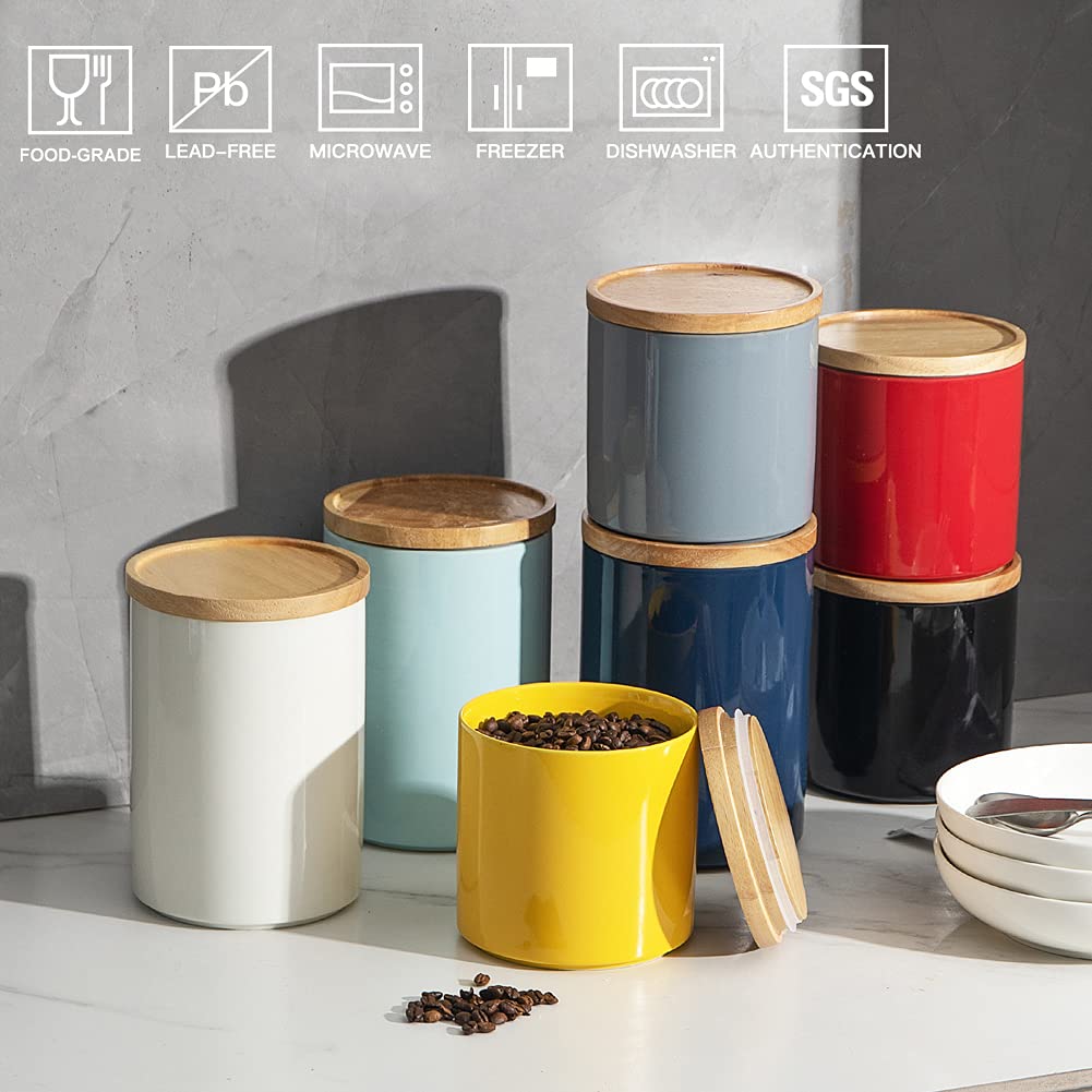 Sweejar Ceramic Food Storage Canisters with Airtight Wooden Lid - 39oz Stackable Kitchen Containers for Coffee Beans, Flour, Tea, Spices | Perfect for Pantry Organization & Countertop Display (Navy Blue)