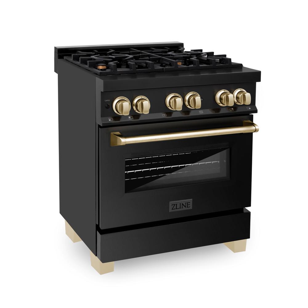 ZLINE Autograph Edition 30-inch Black Stainless Steel Dual Fuel Range & Range Hood Kitchen Package with Polished Gold Accents (2AKP RABRH30 G) - Perfect for Modern Kitchens & Professional Chefs