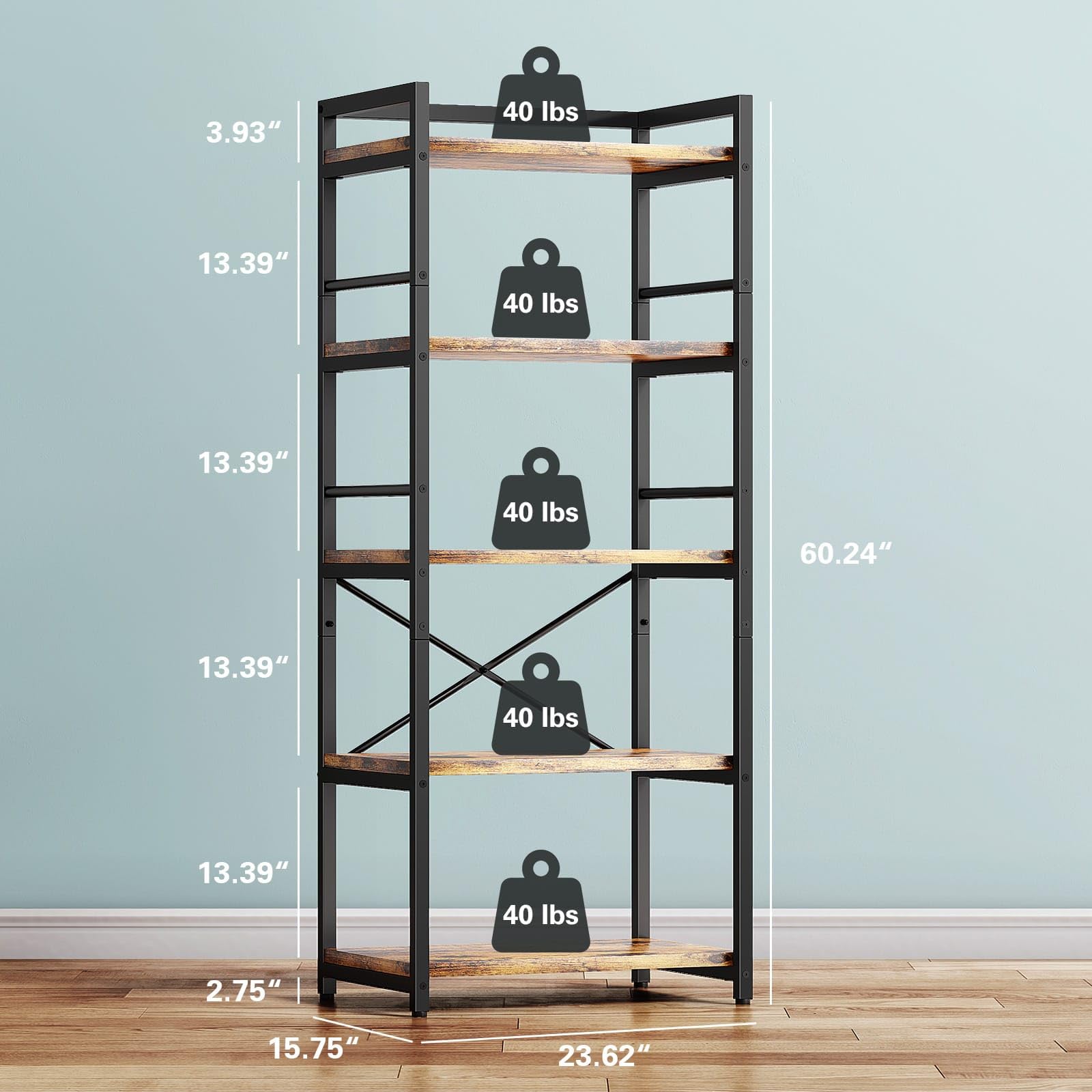 5-Tier Metal Bakers Rack for Kitchen Storage - Industrial Microwave Stand, Coffee Bar Organizer, Space-Saving Kitchen Shelf (23.6