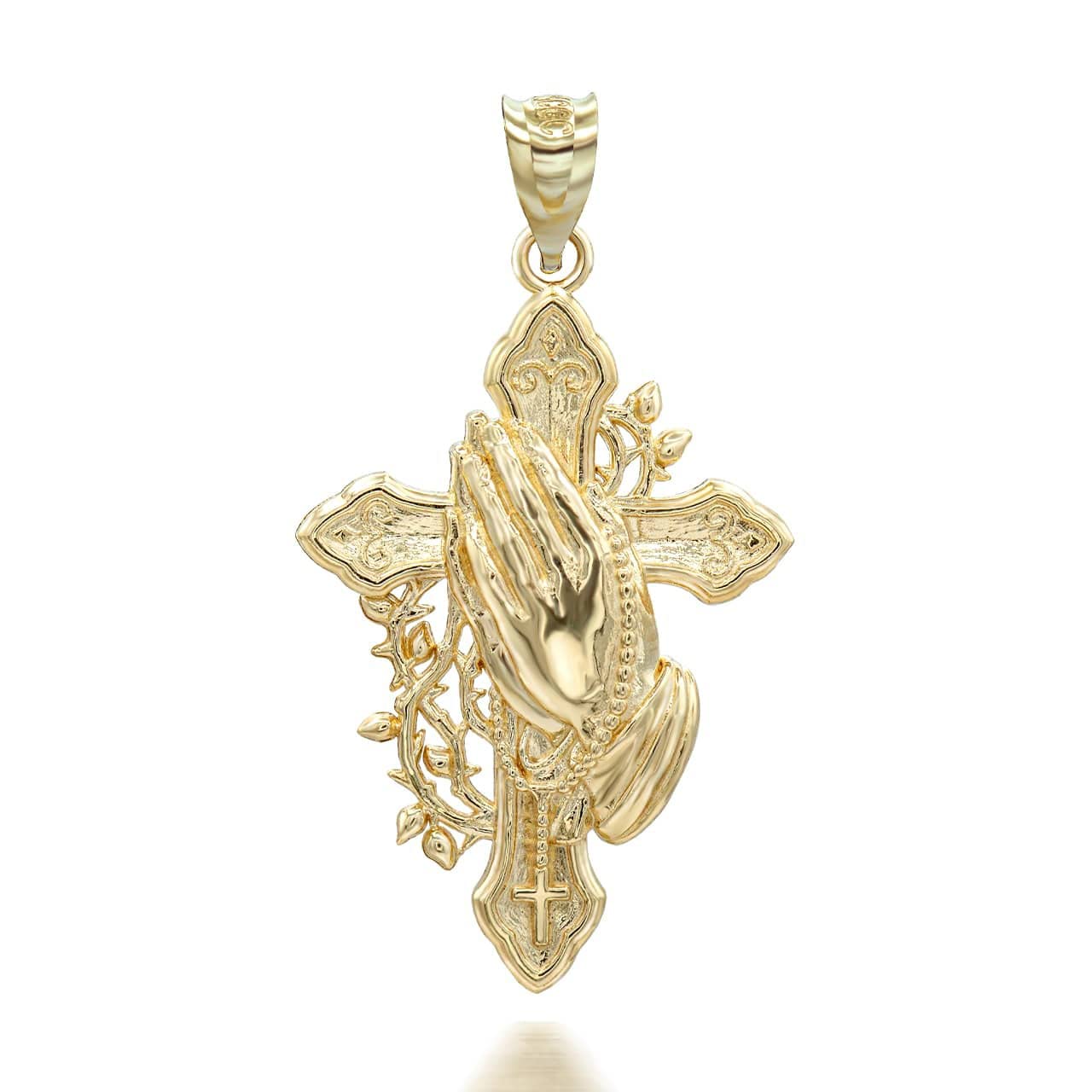 14k Solid Gold Cross Pendant with Praying Hands & Rosary - Religious Jewelry for Baptism, First Communion, Confirmation & Everyday Faith Wear