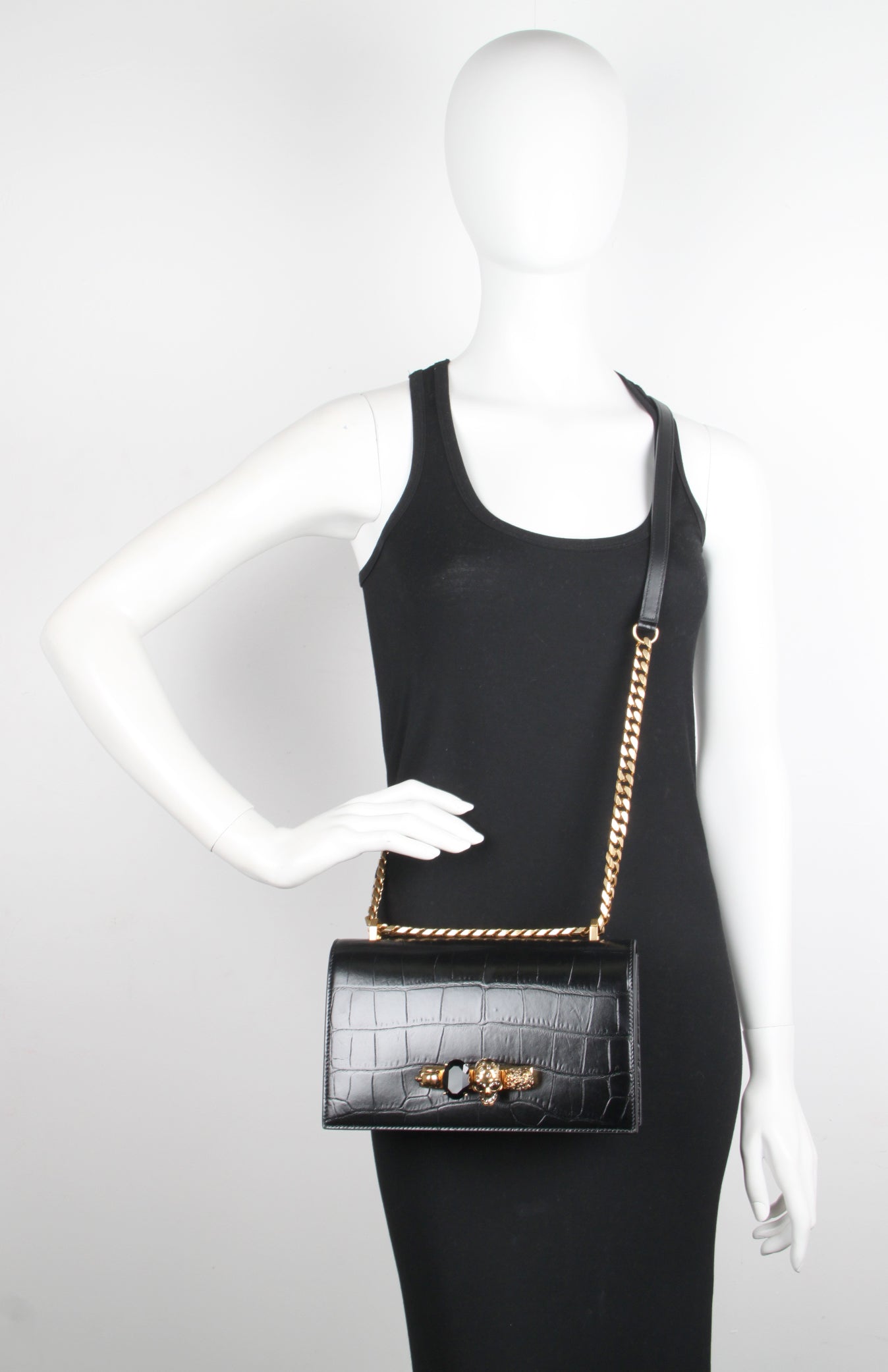 Luxury Jeweled Knuckle Satchel Handbag - Glossy Crocodile Embossed Leather, Black & Gold - Perfect for Evening Parties, Date Nights & Special Occasions