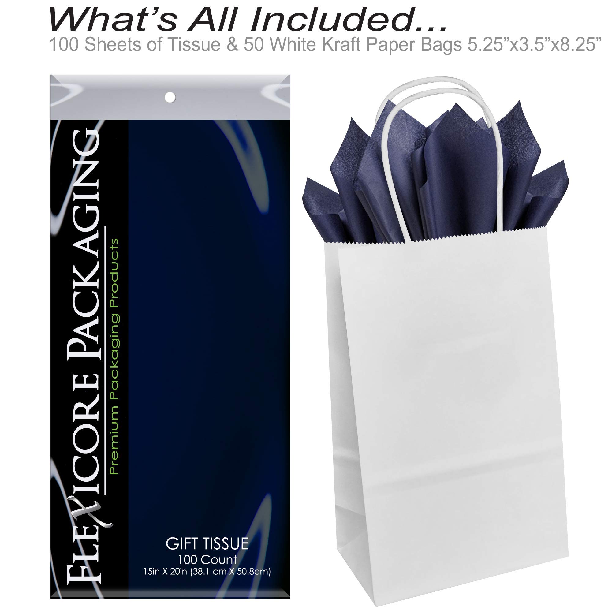Premium White Kraft Paper Gift Bags with Navy Blue Tissue Paper - 5.25