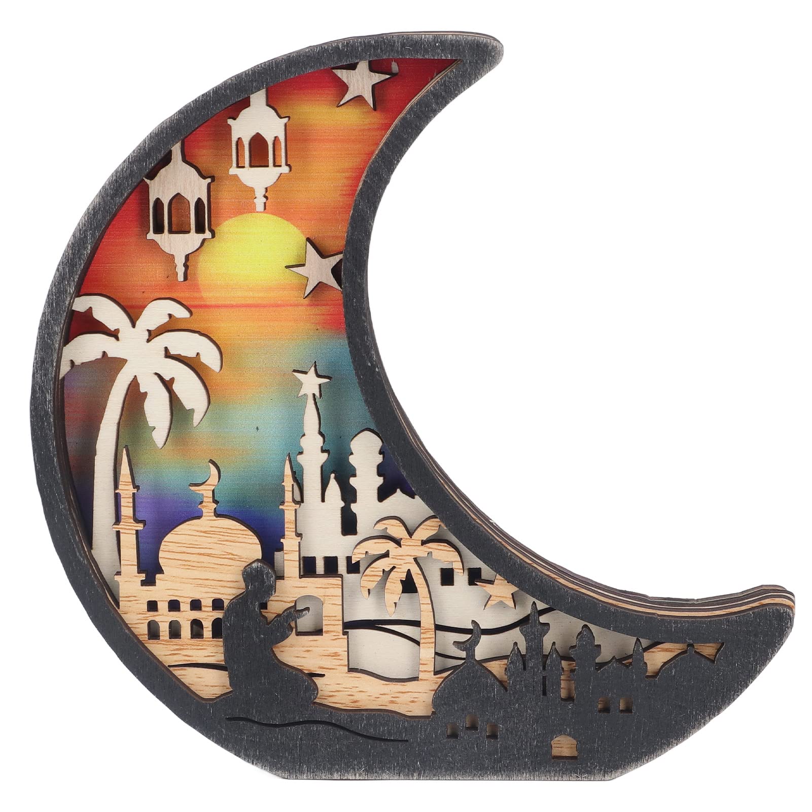 Ramadan Mubarak Wooden Carved Moon Lamp - Handcrafted Eid Decorations with LED Lights for Home, Bar & Bookshelf - Durable Islamic Holiday Decor for Iftar Parties & Mosque Celebrations