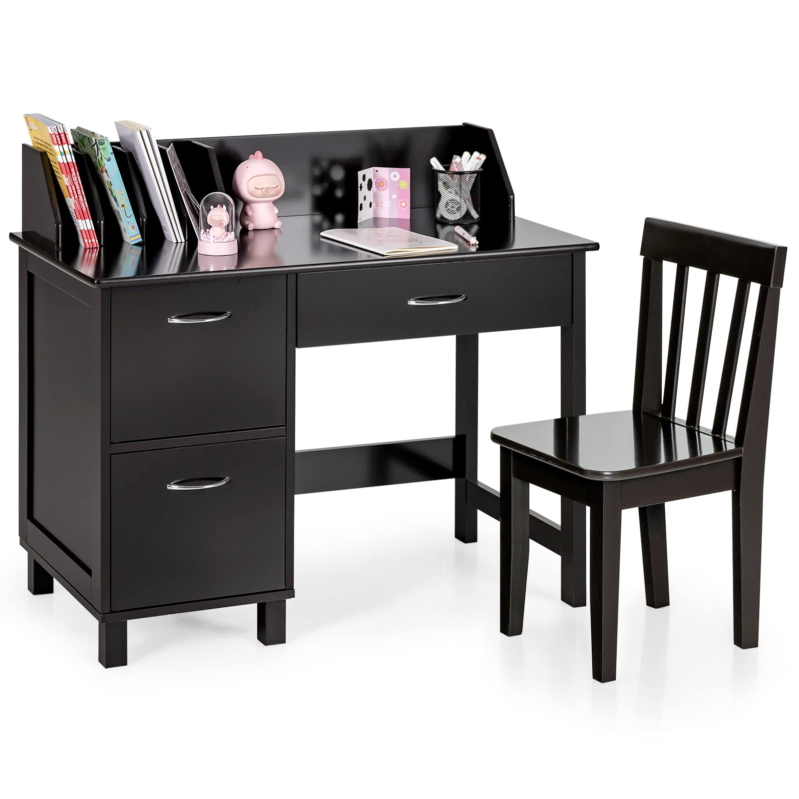 Costzon Kids Desk and Chair Set - Wooden Study Desk with Hutch, Storage Drawer & Cabinets for Children Ages 3-8 | Perfect for Bedroom, Homeschool & Study Room (Dark Brown) - Ideal for Homework, Drawing & Learning Activities