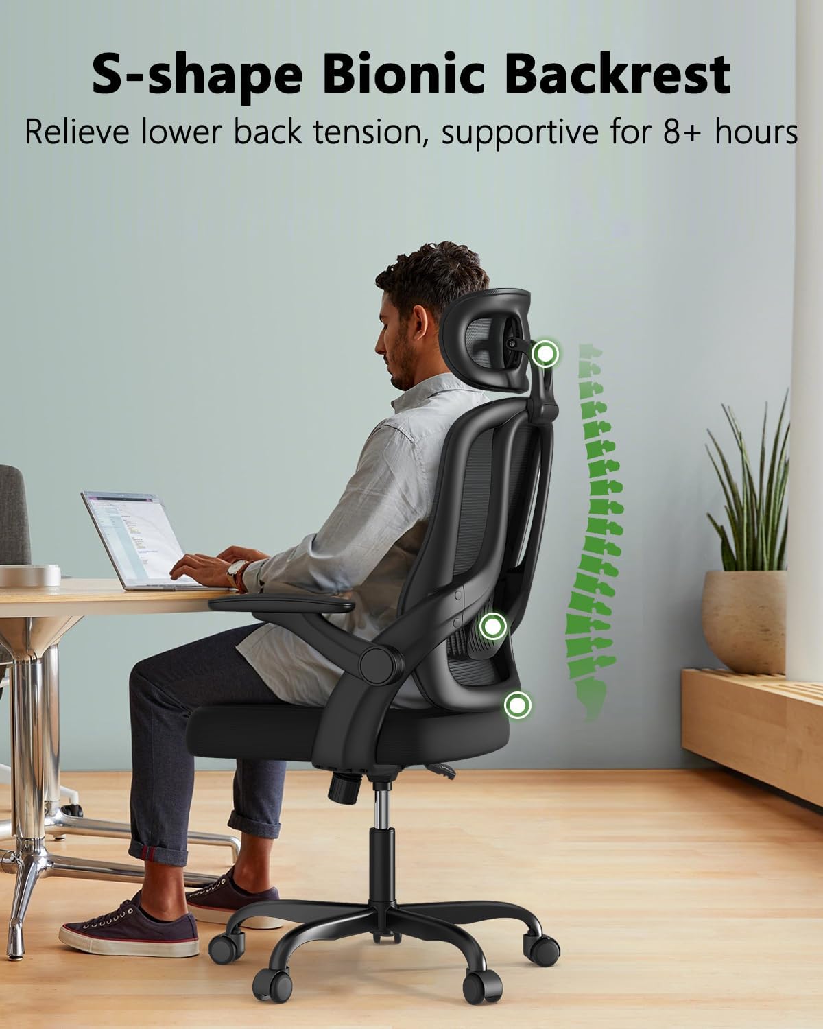 Ergonomic High Back Office Chair with 3D Adjustable Armrests & Lumbar Support - Breathable Mesh Computer Desk Chair with Headrest - Perfect for Home Office, Gaming, Remote Work & Study Sessions