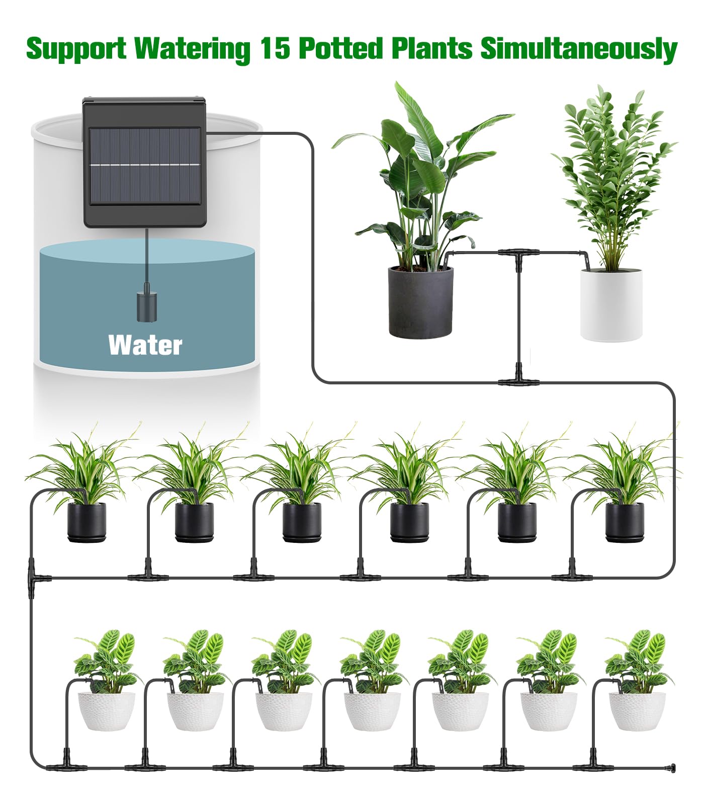 Solar-Powered Automatic Drip Irrigation Kit System with Timer - Water 15 Pots for Garden, Greenhouse & Vacation Homes - Easy DIY Watering Device for Plants, Flowers & Vegetables