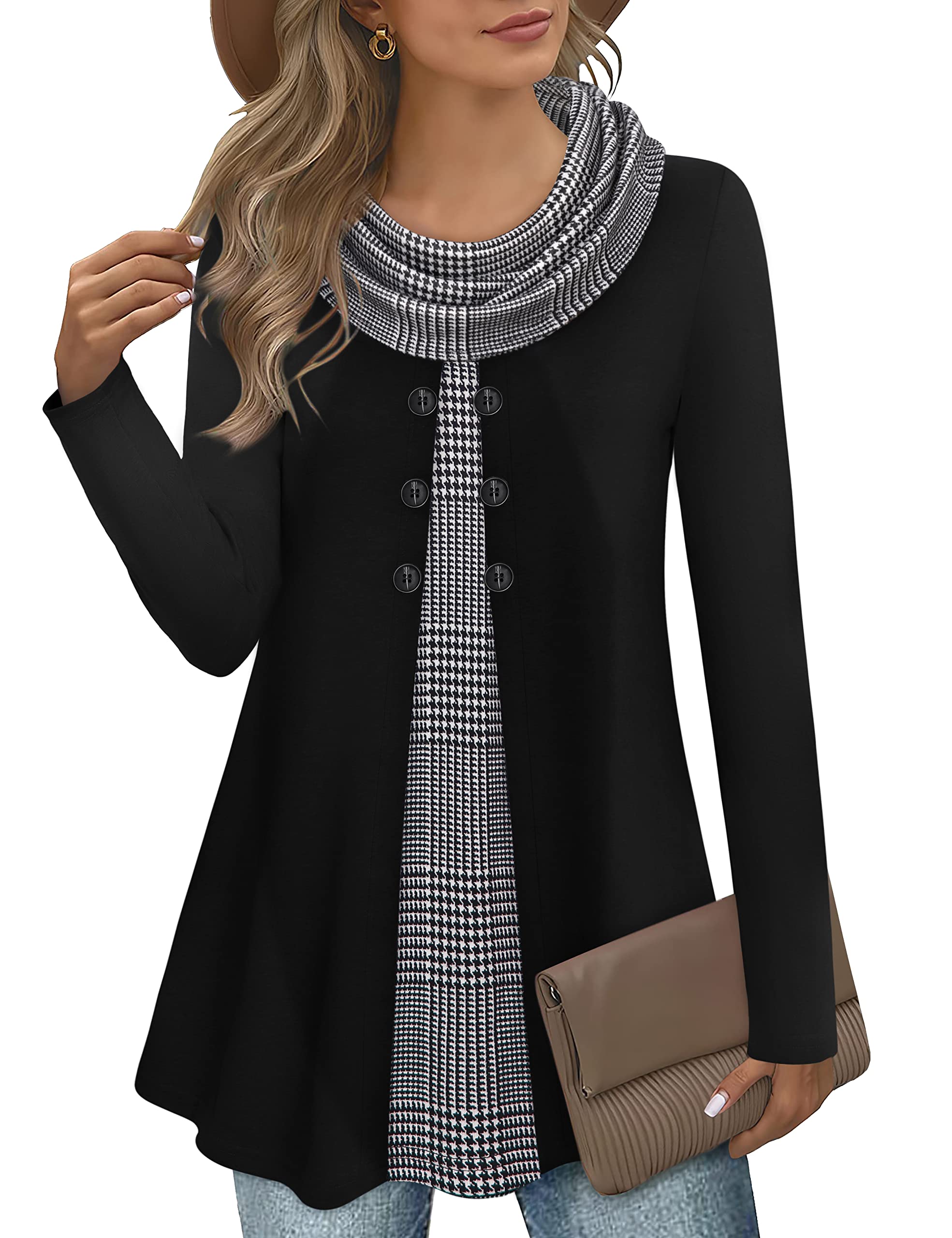 Bebonnie Women's Long Sleeve Cowl Neck Button-Down Tunic Top - Warm & Stylish Spliced Blouse for Fall & Winter, Perfect for Office, Casual Outfits and Layering