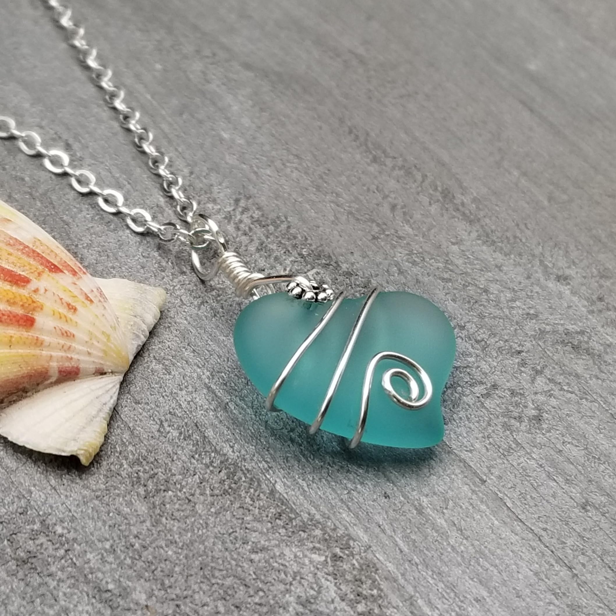 Handmade Sea Glass Necklace with Wire Heart Pendant - Aquamarine March Birthstone Jewelry for Women | Perfect Birthday Gift, Anniversary Present & Beach Wedding Accessory
