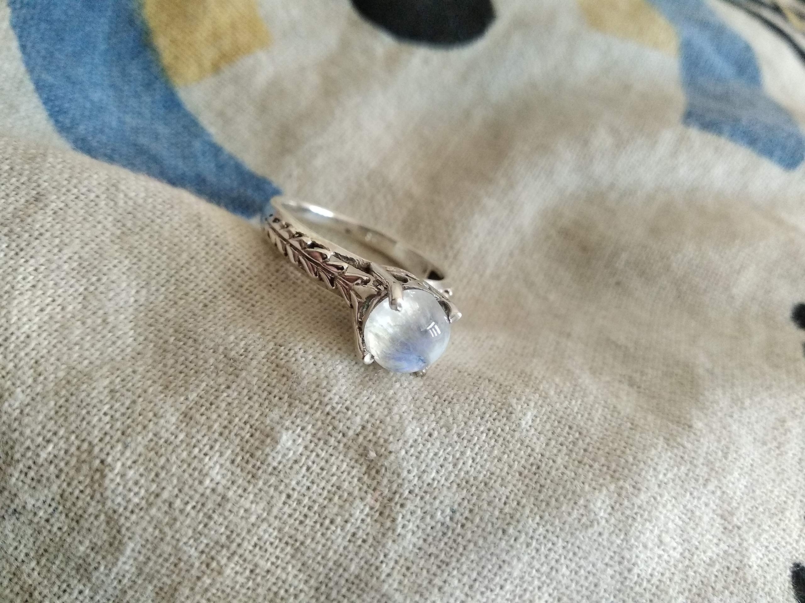 Moonstone Ring - 925 Sterling Silver Prong Solitaire Ring with Genuine Healing Crystal | Dainty Blue Flashy Vintage Jewelry | Christmas Gift for Her, Birthday Present, Anniversary Jewelry, Spiritual Healing Accessory