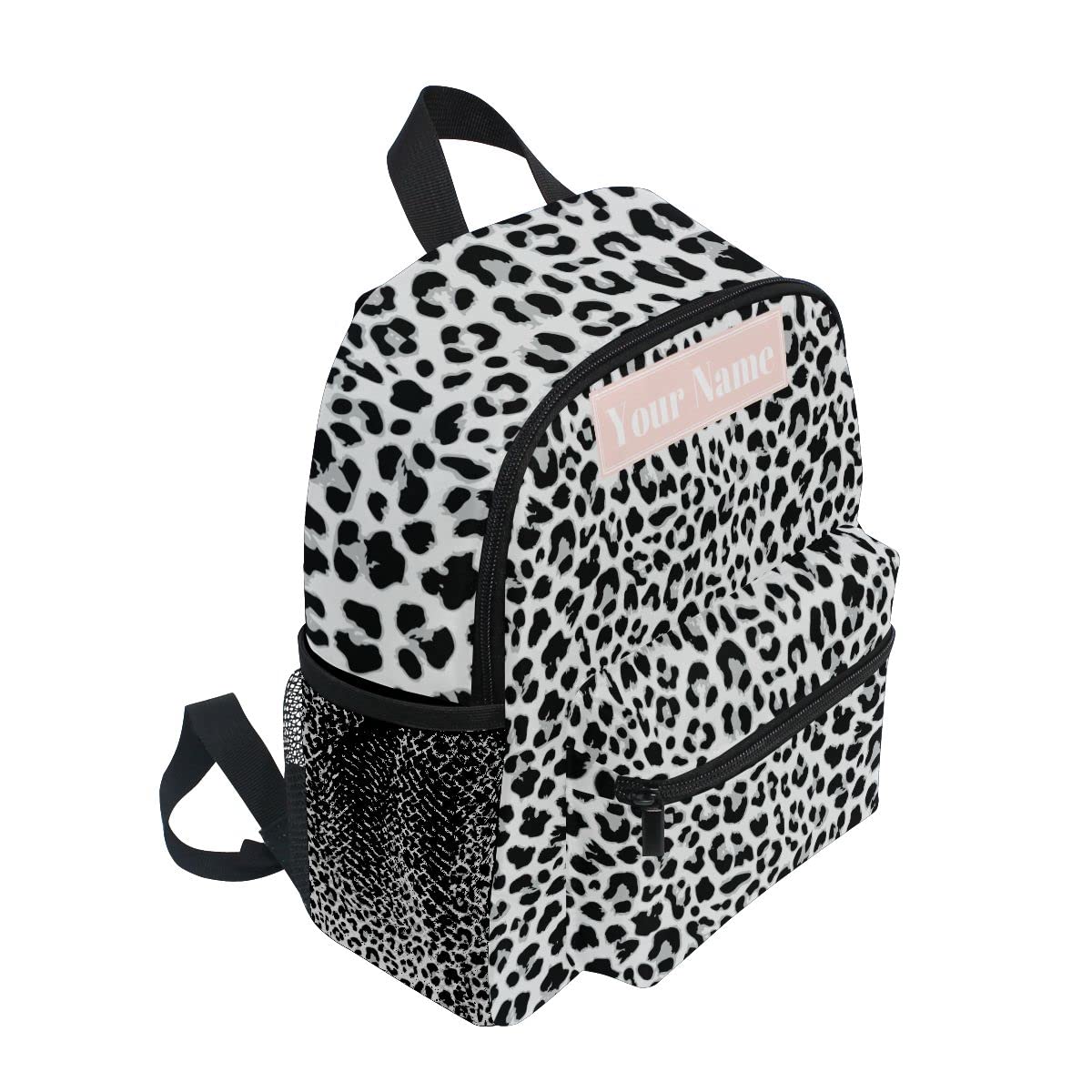Personalized Preschool Backpack with Adjustable Chest Strap - Custom Name/Text Daycare Bag for Boys & Girls - White Black Leopard Print Nursery & Diaper Bag - Perfect for School, Travel & Outdoor Activities