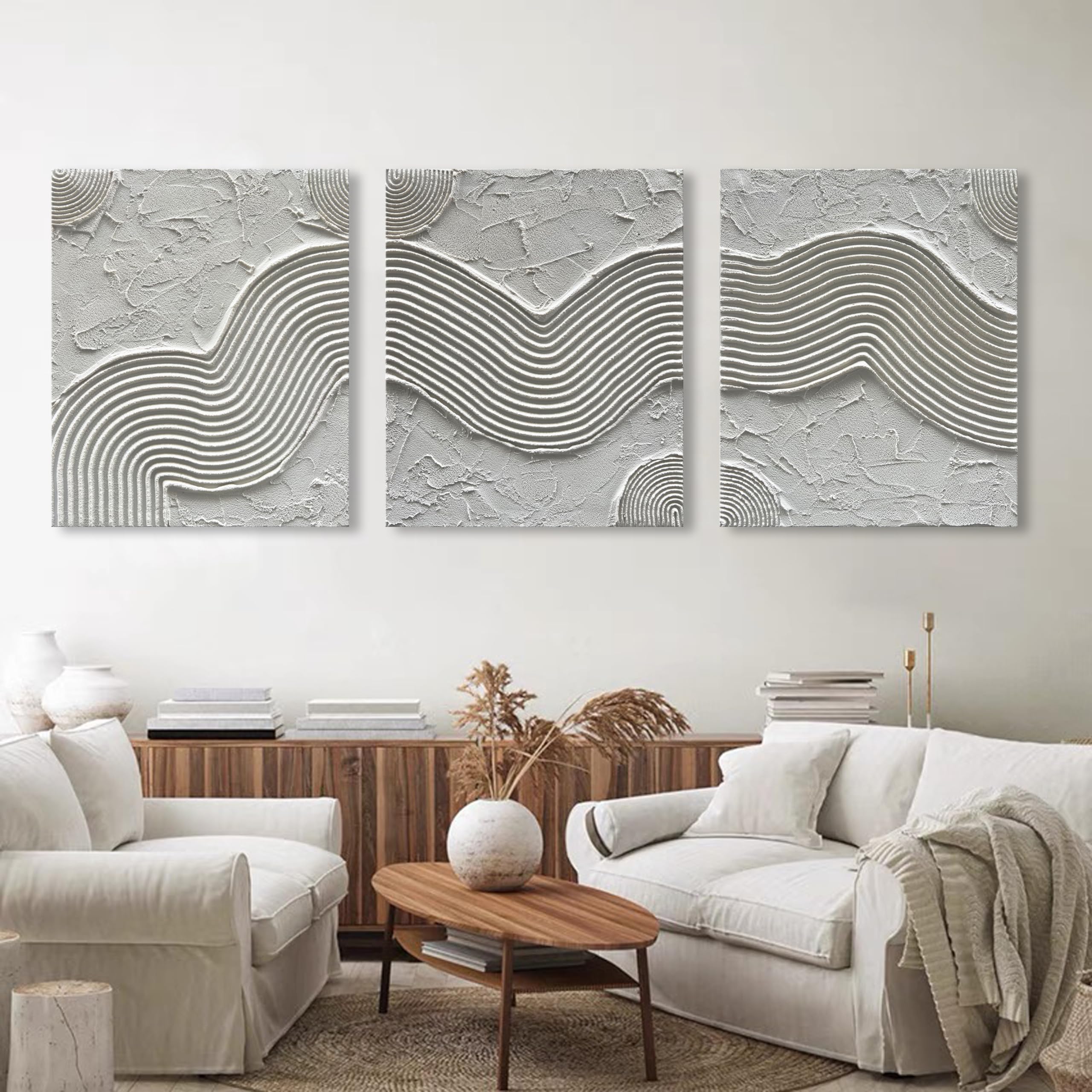 Hand-Painted White Texture Abstract Oil Painting - Minimalist Wall Art for Home Decor - Set of 3 (24x20 Inches) - Perfect for Living Room, Bedroom & Office