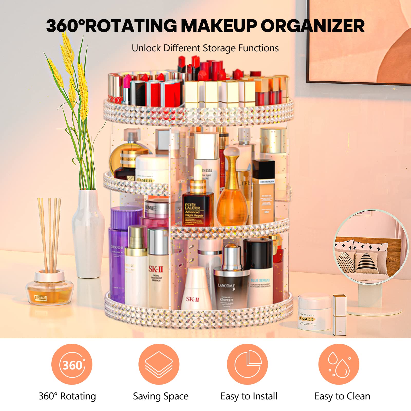 360-Degree Rotating Makeup Organizer with 7 Removable Layers - Extra Large Capacity Cosmetic Storage Case for Lipstick, Perfume & Beauty Products - Glitter Vanity Organizer for Bedroom, Bathroom & Travel