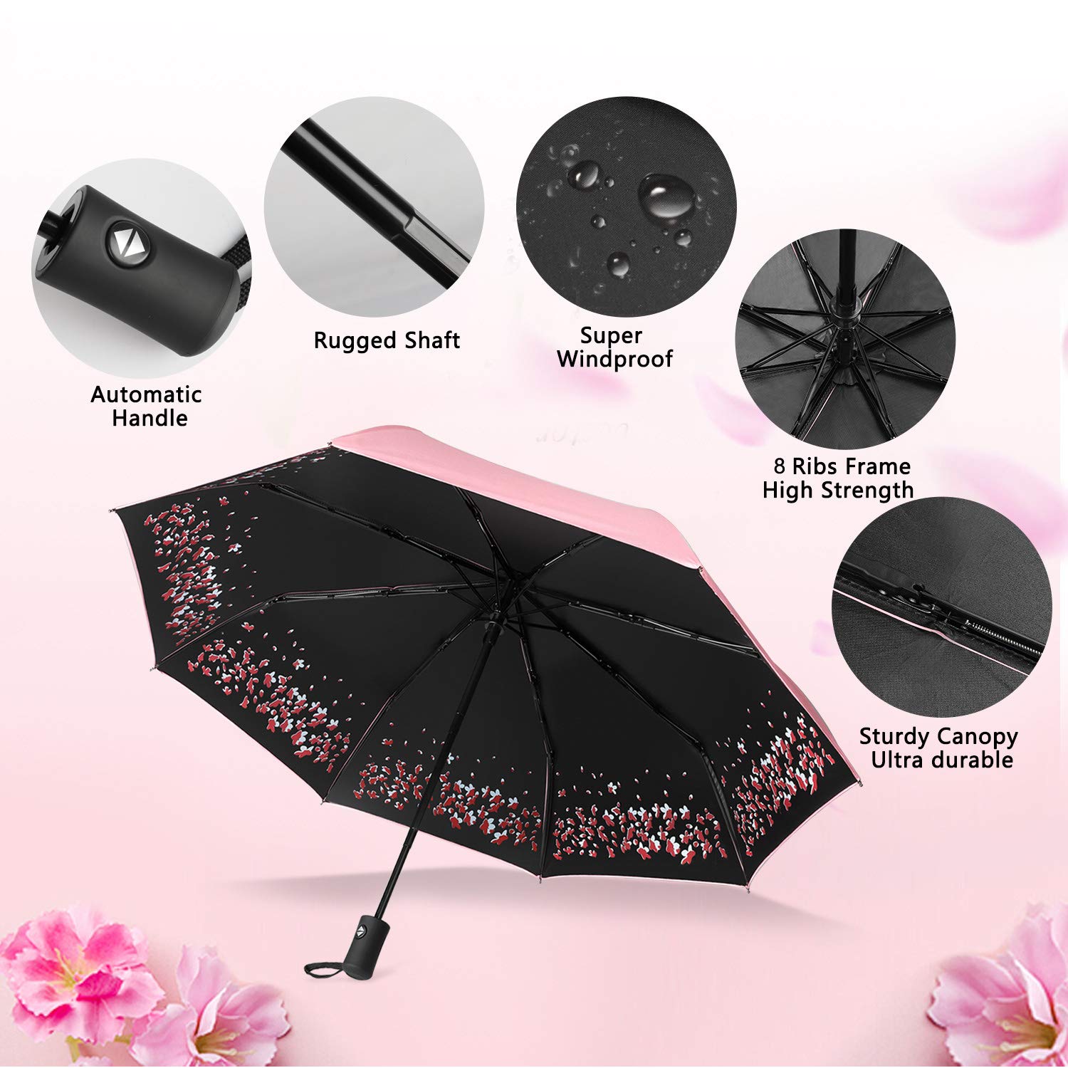 Windproof & UV Protection Cherry Blossom Folding Umbrella - Compact Travel Umbrella for Rain & Sun - Perfect for Outdoor Activities, Commuting, and Beach Trips