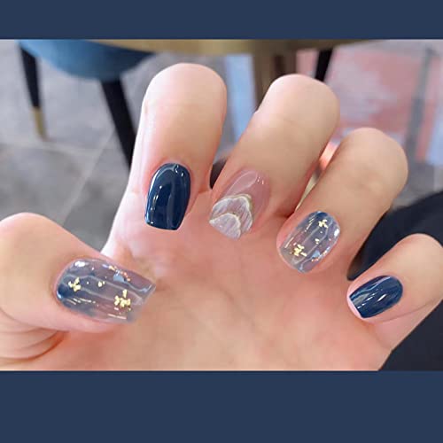 Ezpieces French Tip Press on Nails Short with Designs - Cute Blue Fake Nails Coffin Shape with Glue & Glitter - 24PCS Acrylic Artificial Nails for Women - Perfect for Daily Wear, Parties & Beach Vacations