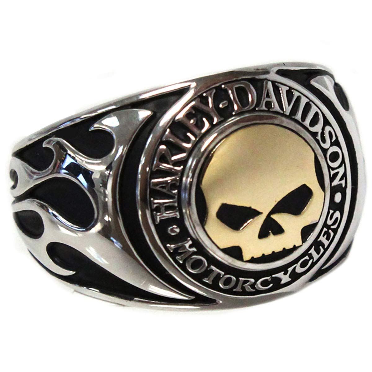 Harley-Davidson Men's .925 Sterling Silver Willie G Skull Flames Signet Ring with 14K Gold Inlay - HMR0019 | Biker Jewelry, Motorcycle Accessories, Gift for Riders