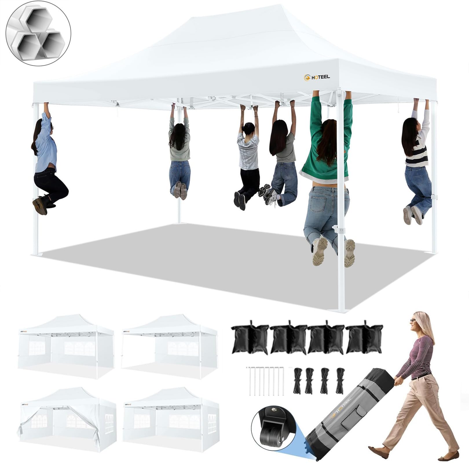 HOTEEL 10x15 Heavy Duty Pop Up Canopy Tent with 4 Sidewalls - Easy Setup Hexagonal Frame Commercial Gazebo for Outdoor Events, Weddings & Parties - Includes Roller Bag & Sand Bags (White) - Perfect for Backyard Gatherings, Farmers Markets & Beach Outings