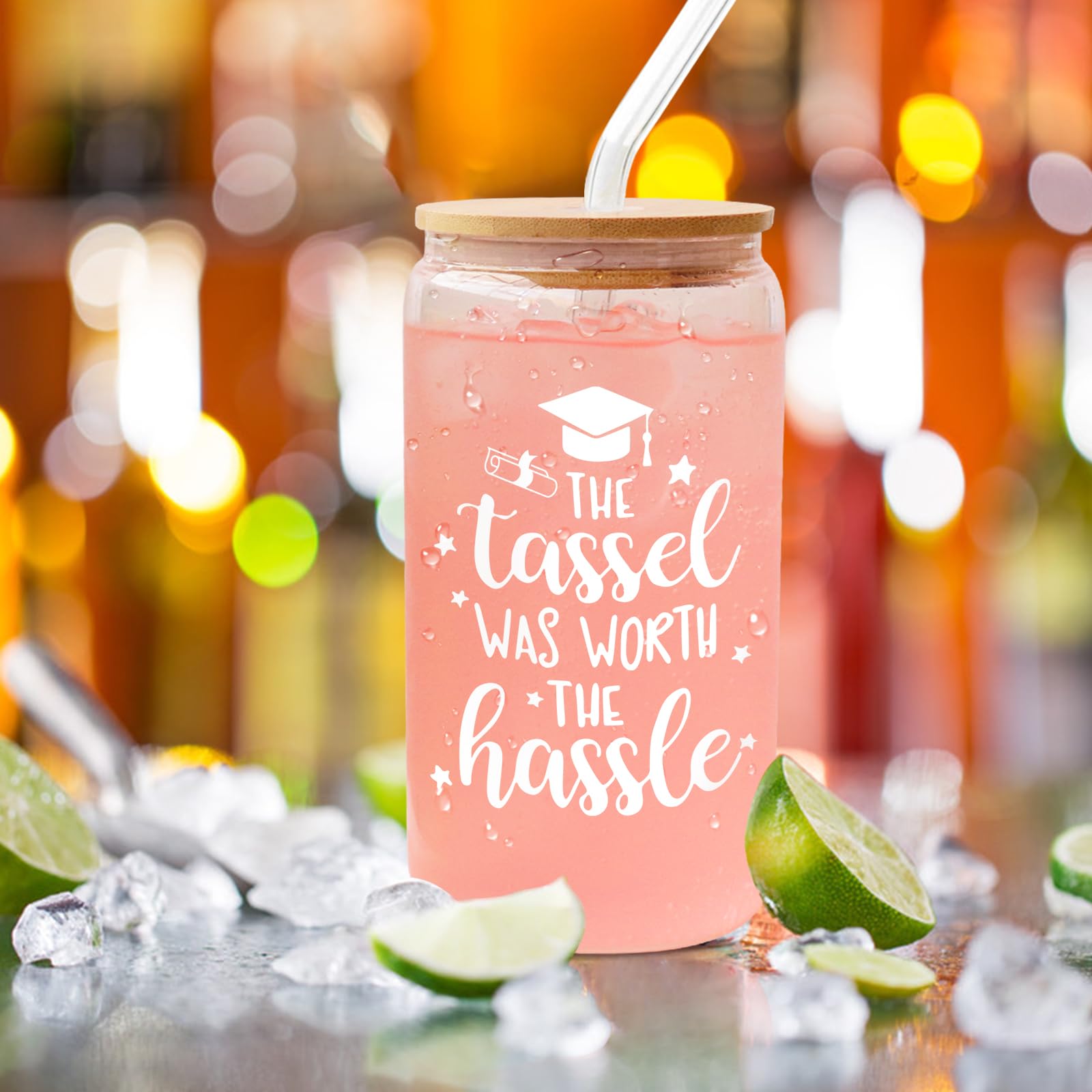 2025 Graduation Gifts for Her - 16oz Inspirational Glass Cup with 'The Tassel Was Worth the Hassle' Quote | Perfect Graduation Decorations for College & High School Students, New Job Congratulations Gift | Great for Dorm Rooms, Office Desks & Graduation Parties