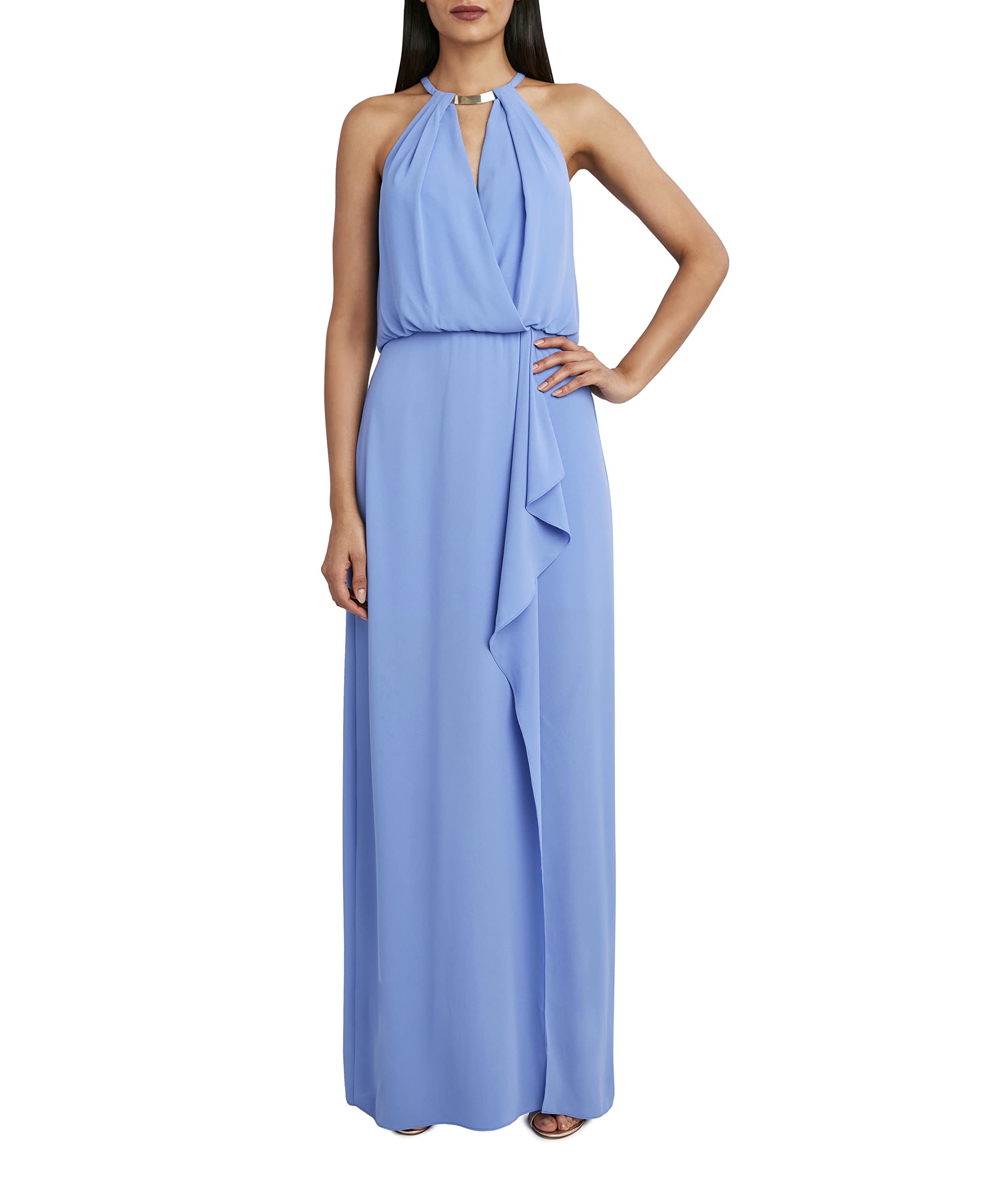BCBGMAXAZRIA Women's Elegant Relaxed Wrap Evening Gown with Metallic Collar - Perfect for Cocktail Parties, Galas & Formal Events
