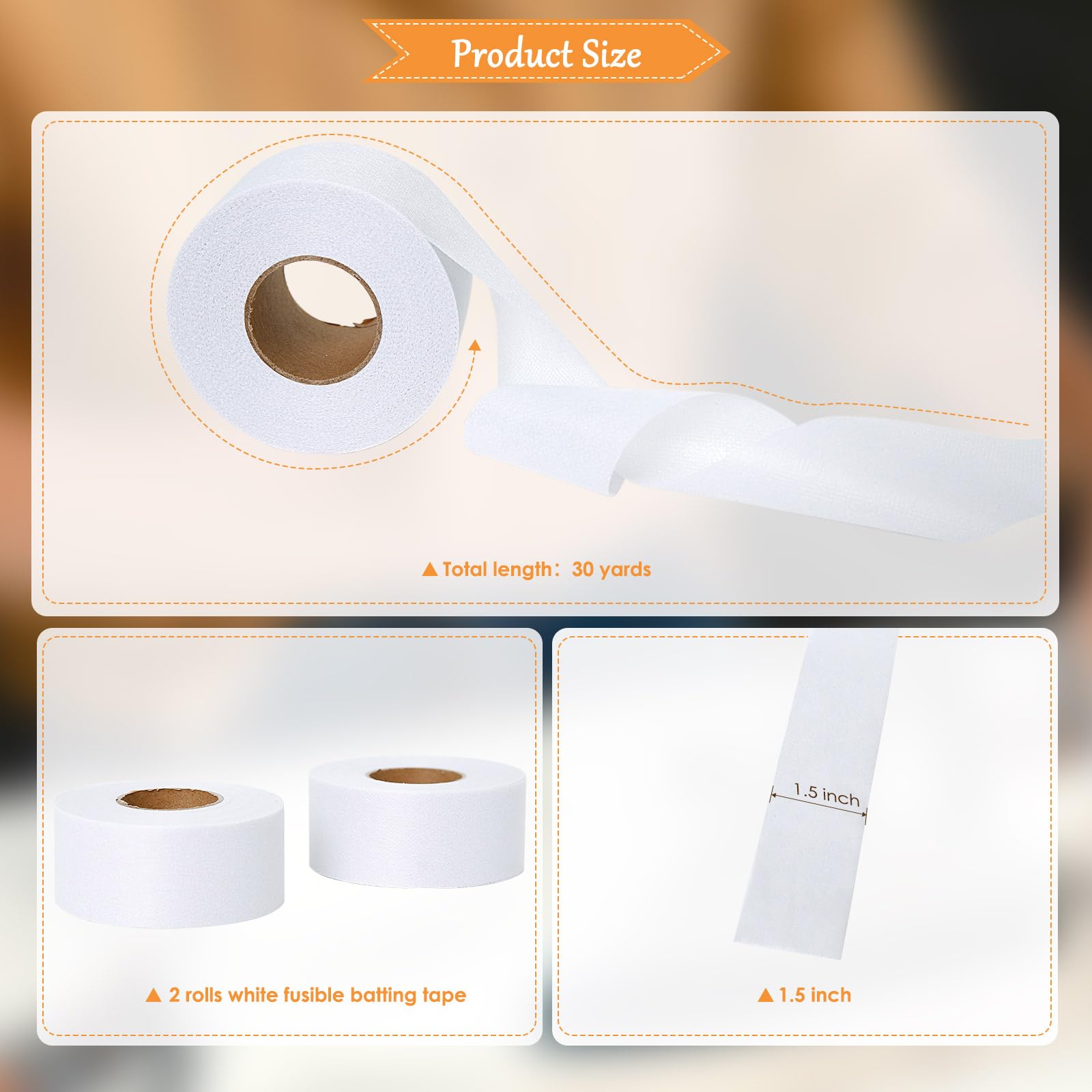 2 Rolls Fusible Batting Tape for Quilting - 1.5 Inches x 30 Yards White Seam Tape, Sheer Binding Tape for Quilting & Sewing - Perfect for Joining Batting Layers & Fabric Edges in DIY Projects