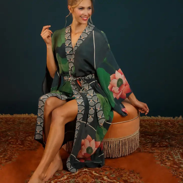 Elegant Crane At Sunrise Kimono Gown - Japanese Inspired Floral Robe for Women - Perfect for Spa Days, Yoga, and Relaxation at Home