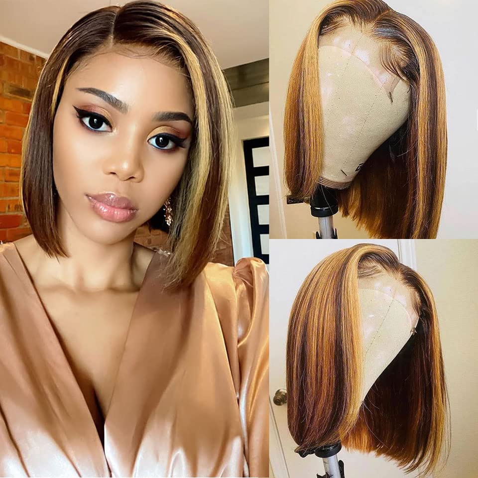 13x4 Ombre Lace Front Wig Human Hair - Pre Plucked Brazilian Virgin Straight Bob Wig with Baby Hair | 150% Density Glueless Short Wig (12 Inch) for Black Women - Perfect for Daily Wear, Parties & Special Occasions