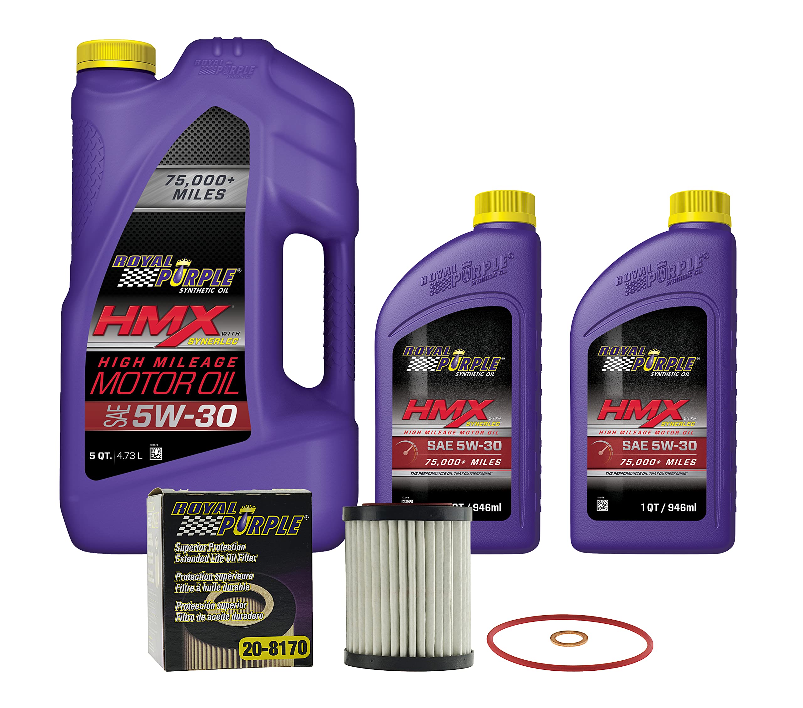 Royal Purple HMX® 5W-30 Synthetic High Mileage Motor Oil – 7 Quarts with Extended Life Premium Oil Filter 20-8170 | For Older Vehicles with 75,000+ Miles | Improves Engine Performance & Reduces Wear