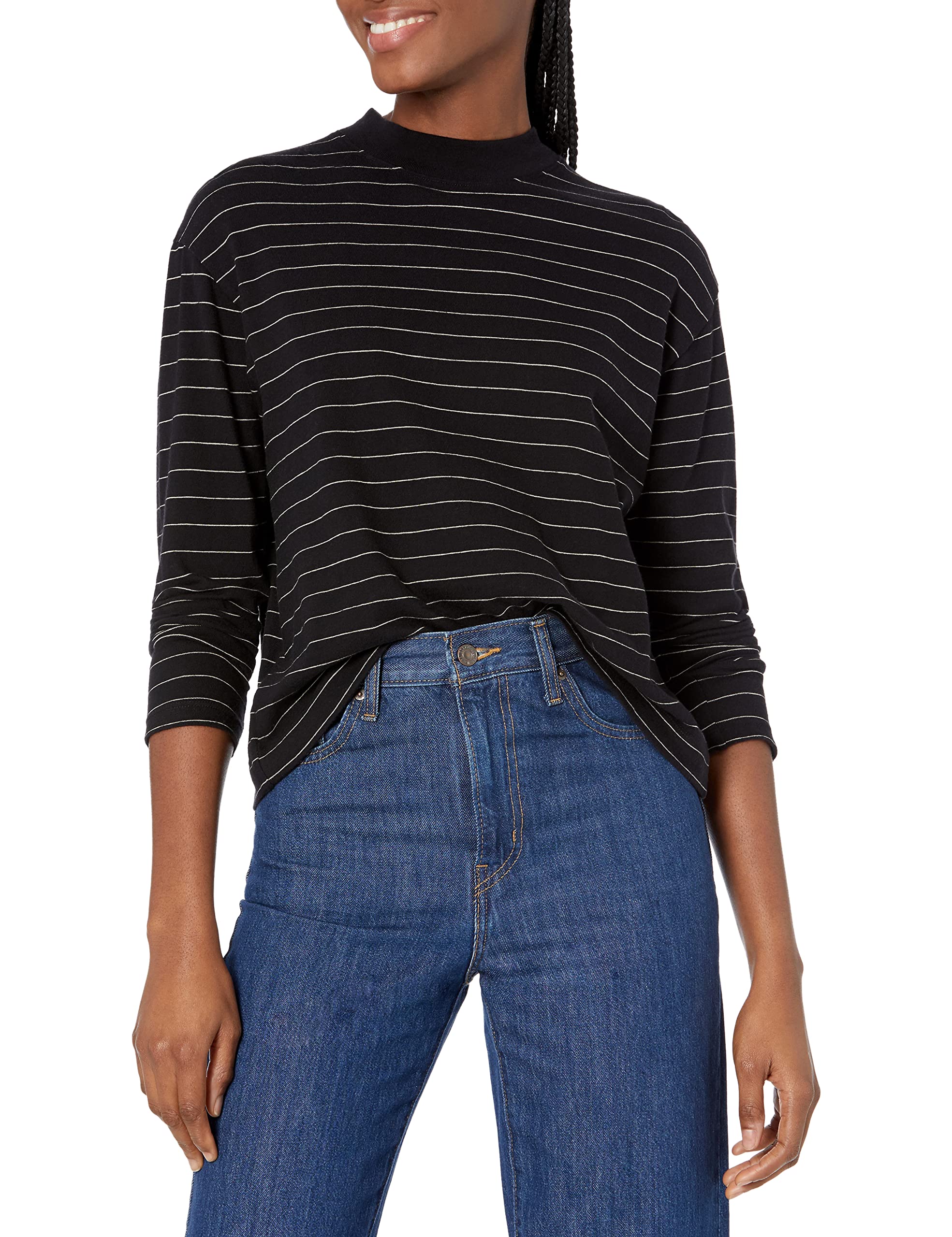 Vince Women's Chalk Stripe Long Sleeve Mock Neck Pullover Sweater | Casual Chic Knit Top for Work & Fall Outfits | Office Wear & Weekend Style Essential