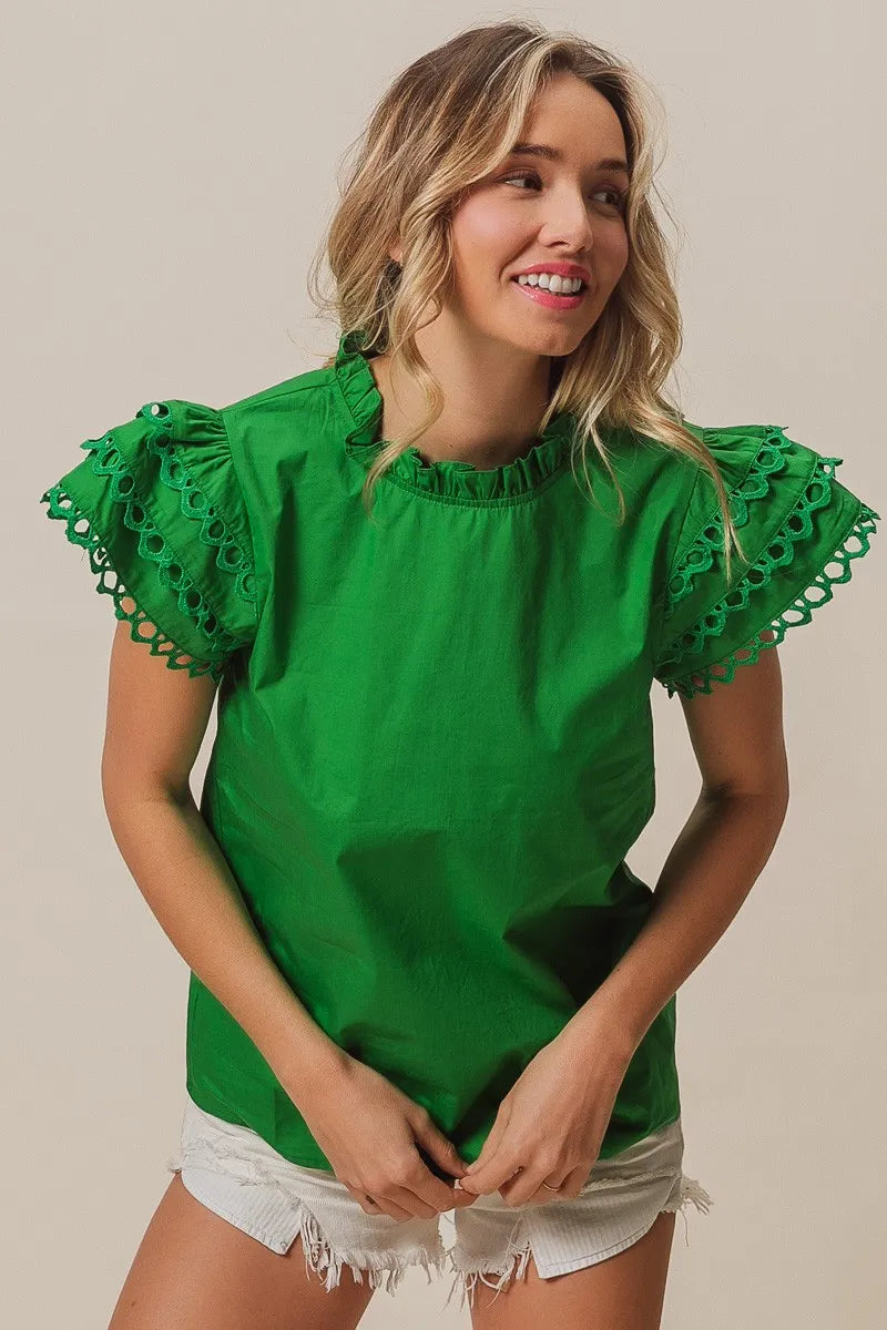 BiBi Solid Woven Circle Trim Ruffle Top Women's Fashion Blouse | Perfect for Casual Outings, Date Nights & Summer Vacations