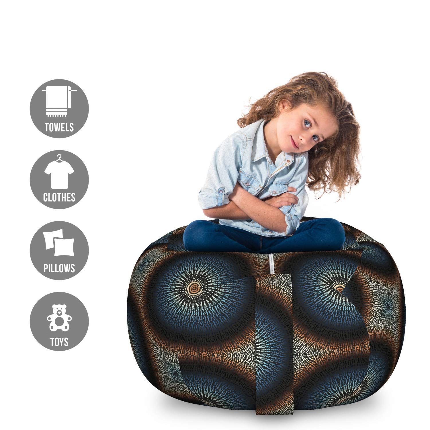 Ambesonne Bohemian Mandala Storage Toy Bag Chair - Large Washable Stuffed Animal Organizer with Circular Dots Design | Perfect for Kids' Room, Nursery, Playroom & Home Decor