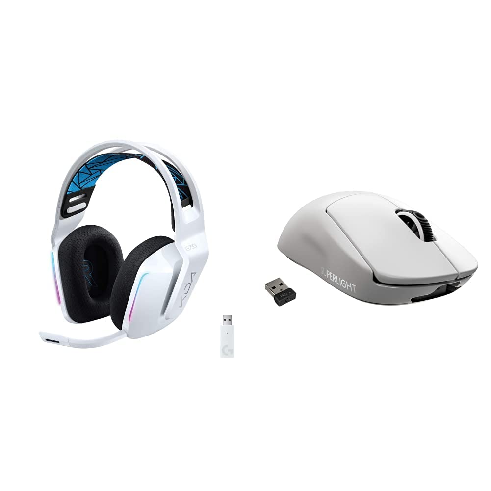 Logitech G733 K/DA Lightspeed Wireless Gaming Headset & PRO X Superlight Wireless Gaming Mouse Combo - Ultra-Lightweight Design, Hero 25K Sensor, 25600 DPI, White - Perfect for Esports, Streaming & Competitive Gaming
