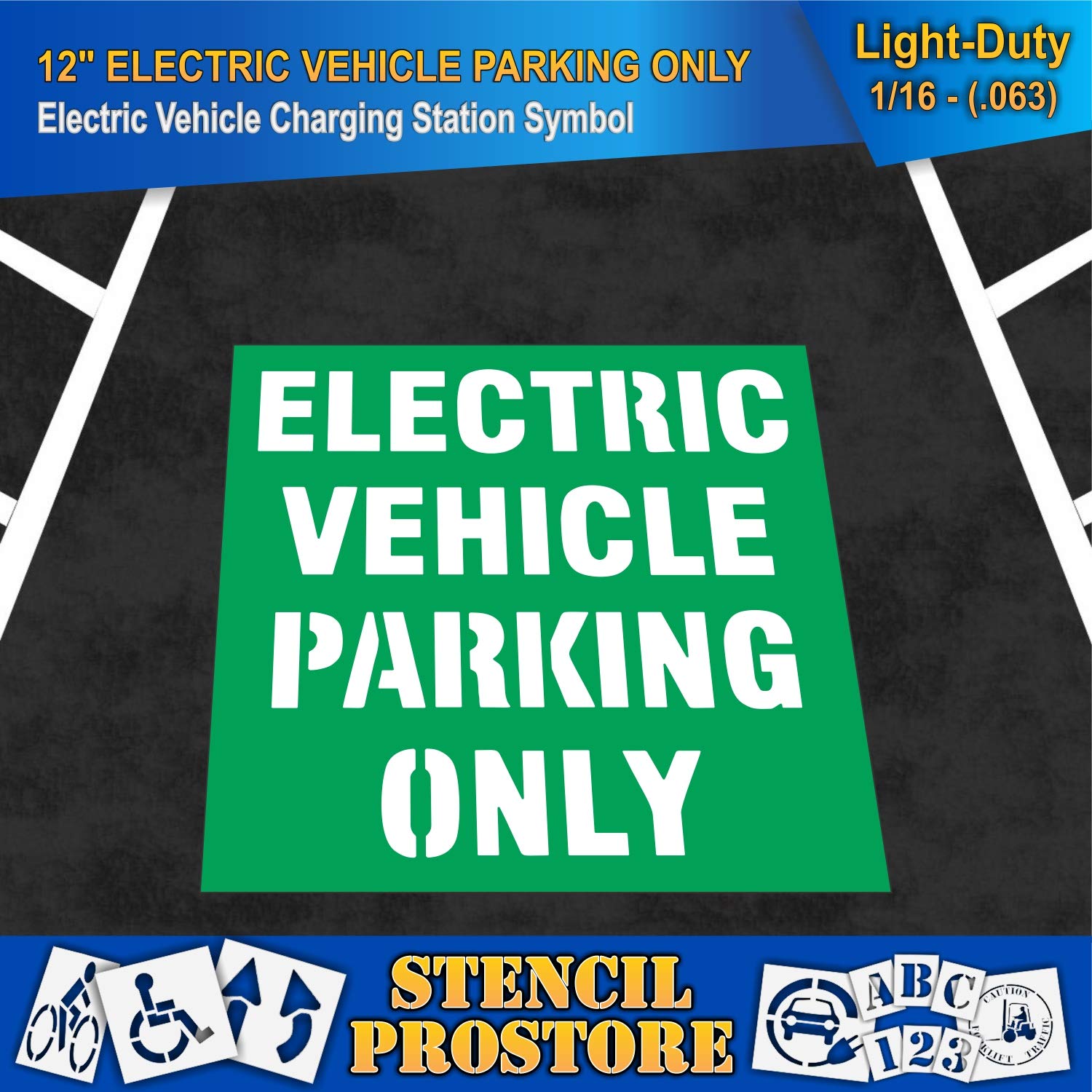 Electric Vehicle Parking Only Stencil - 12 Inch Pavement Stencil - 62'' x 62'' x 1/16