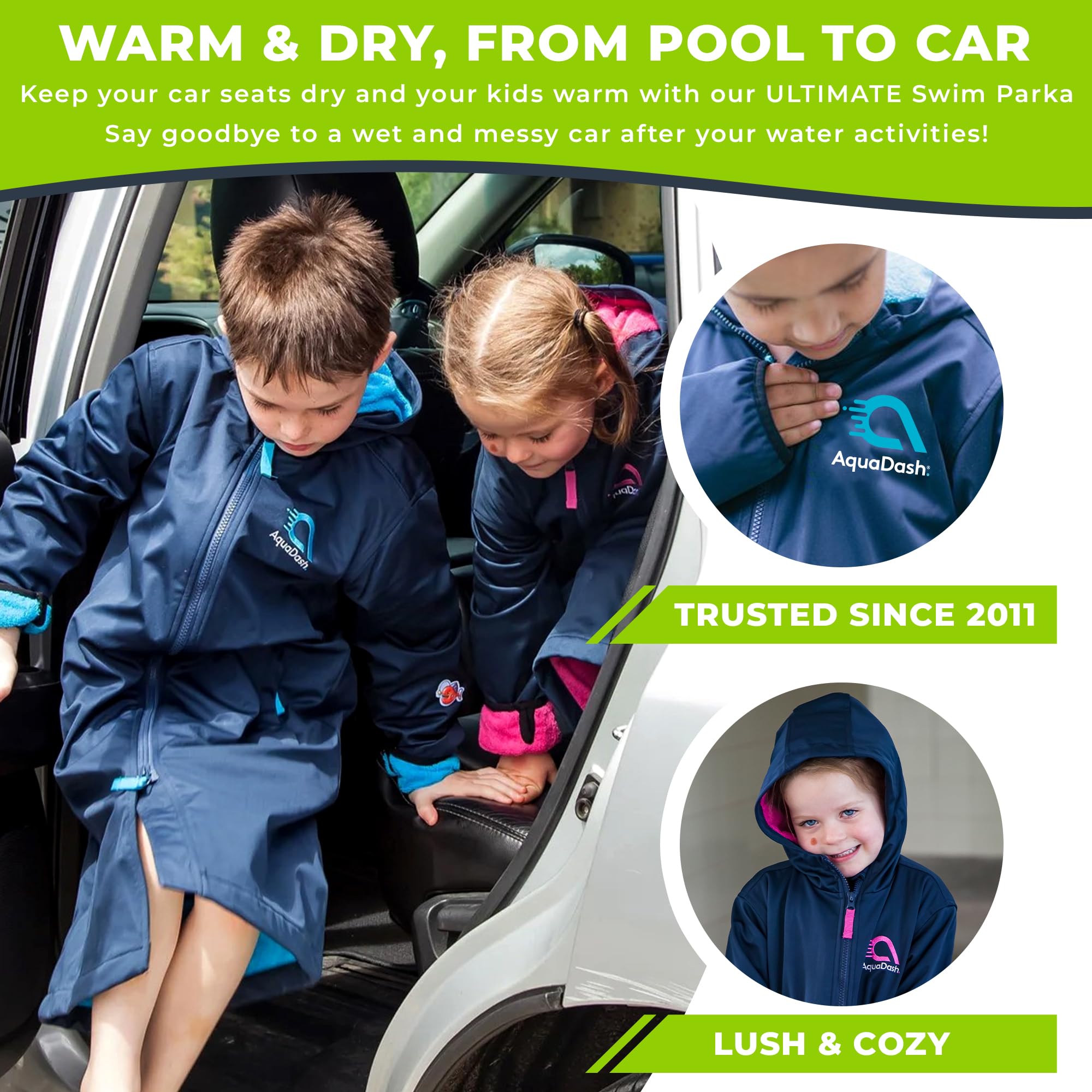 AquaDash Kids Extra Long Swim Parka - Natural Cotton Waterproof Hooded Towel Robe for Boys & Girls - Perfect for Swimming Lessons, Beach, Pool & After-Sport Warmth