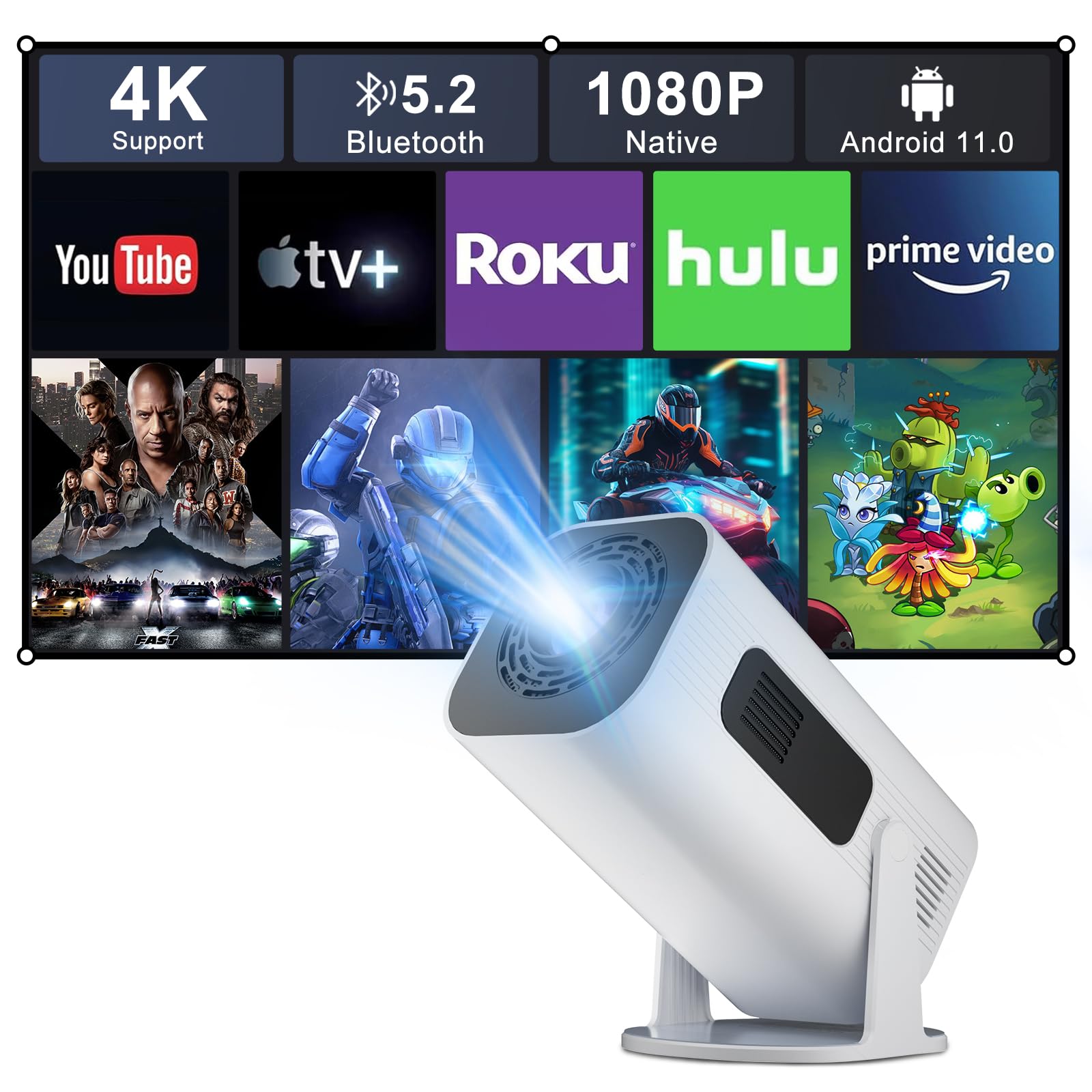 Portable Mini Video Projector, Full HD 1080P Home Cinema Outdoor Projector, 210° Rotatable 4K Projector with TV Stick/HDMI/USB/AV Compatibility - Perfect for Movie Nights, Gaming, and Outdoor Entertainment