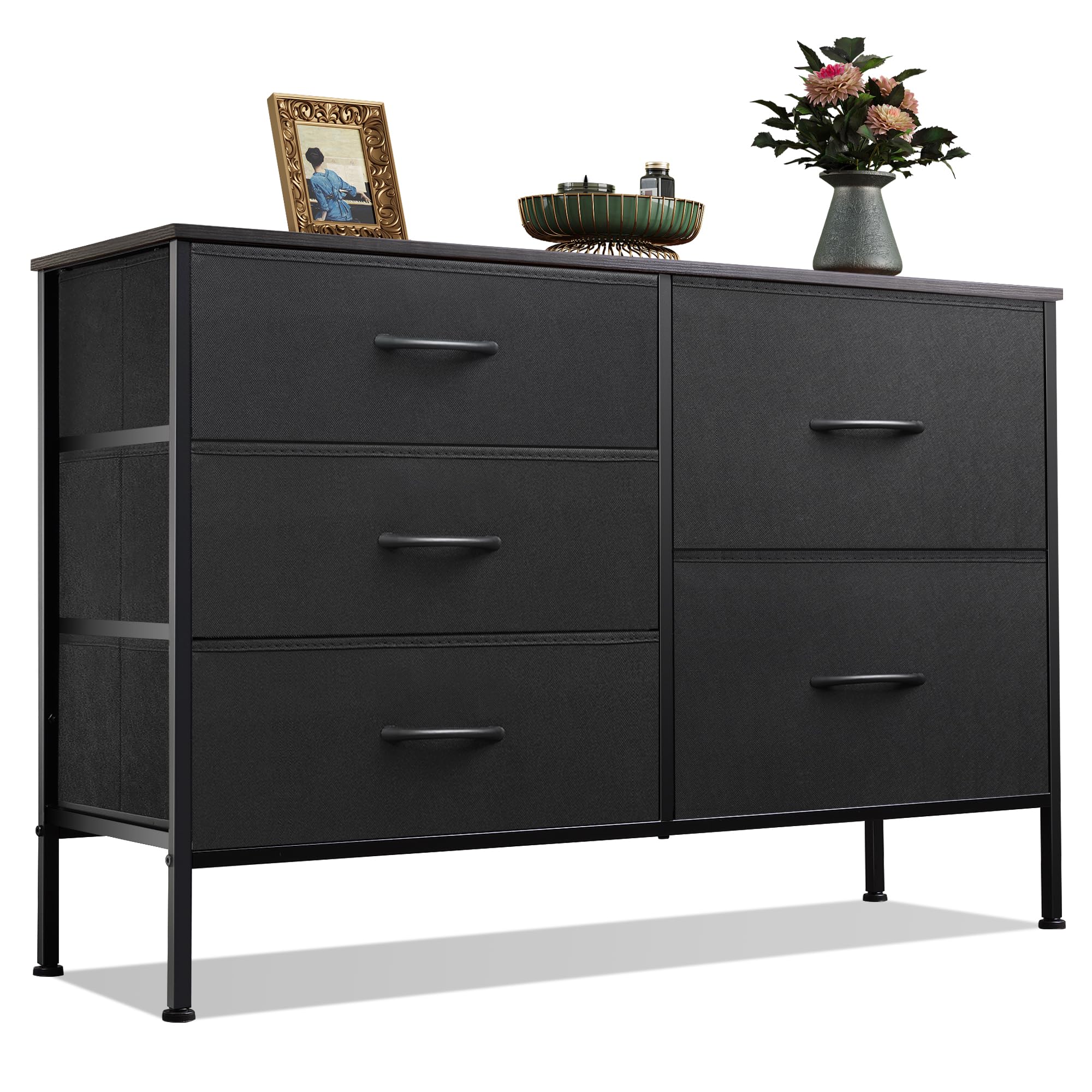 5-Drawer Fabric Dresser for Bedroom & Living Room - Wide Storage Chest with Drawer Organizers, Charcoal Black - Perfect for Closet, Hallway & Small Space Organization