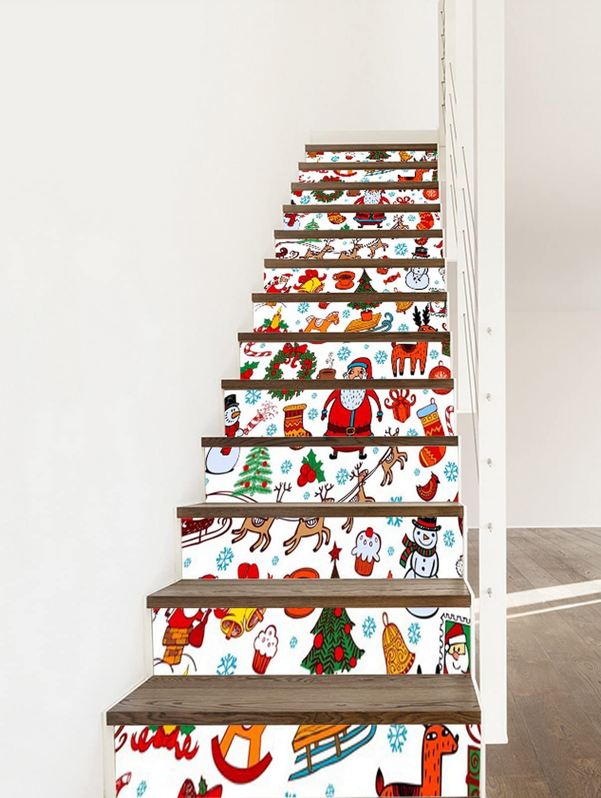 3D Self-Adhesive Removable Christmas Stair Decals - Santa, Snowman, Pine Tree, Bells & Candy Designs (13-Piece Set) for Stair Risers, Kitchen Tiles & Wall Decor | Holiday Home Decoration & Party Decor