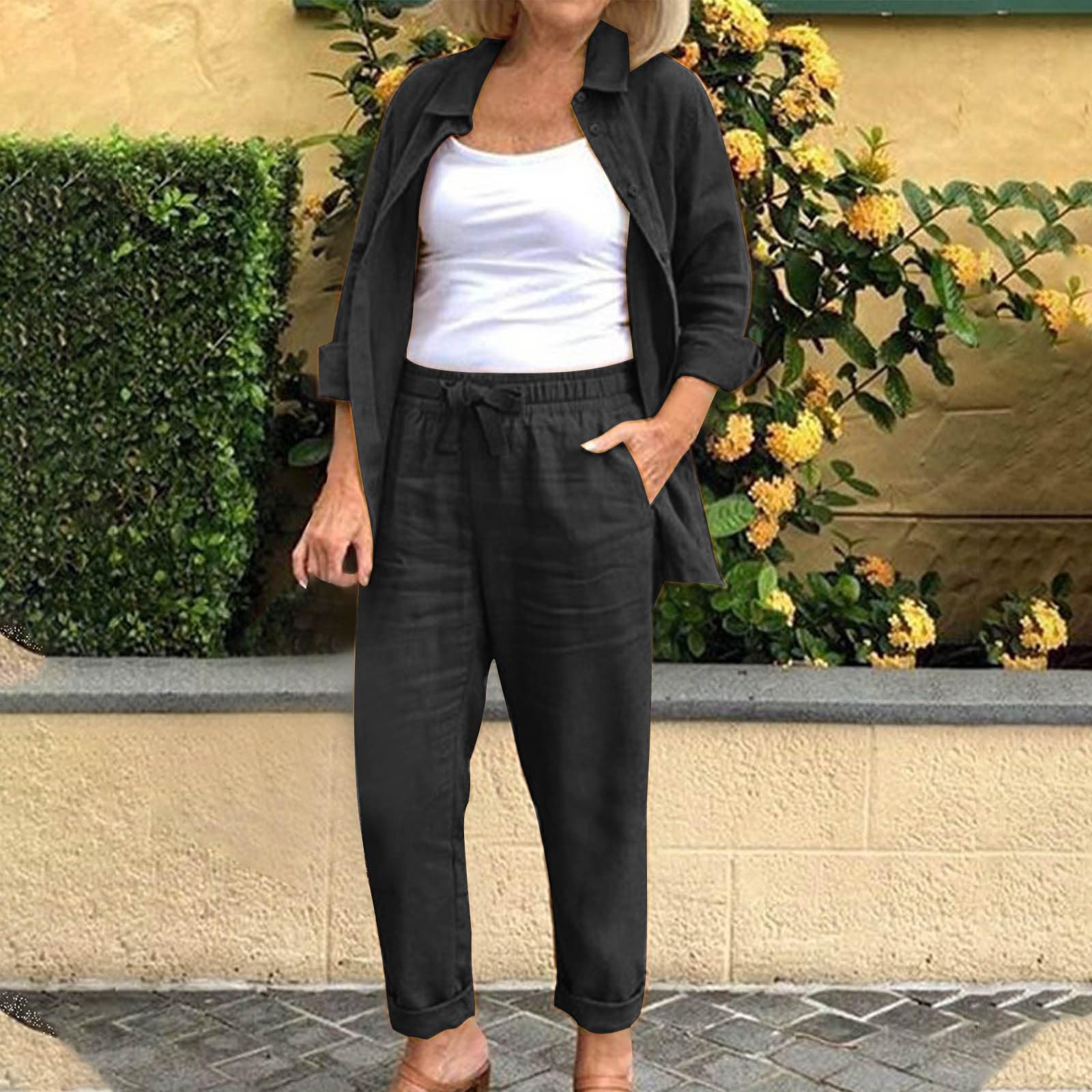 YMADREIG Women's 2-Piece Linen Outfit - Long Sleeve Button Down Shirt & Baggy Pants Set | Summer Casual Gauze Lounge Wear for Home, Travel & Beach