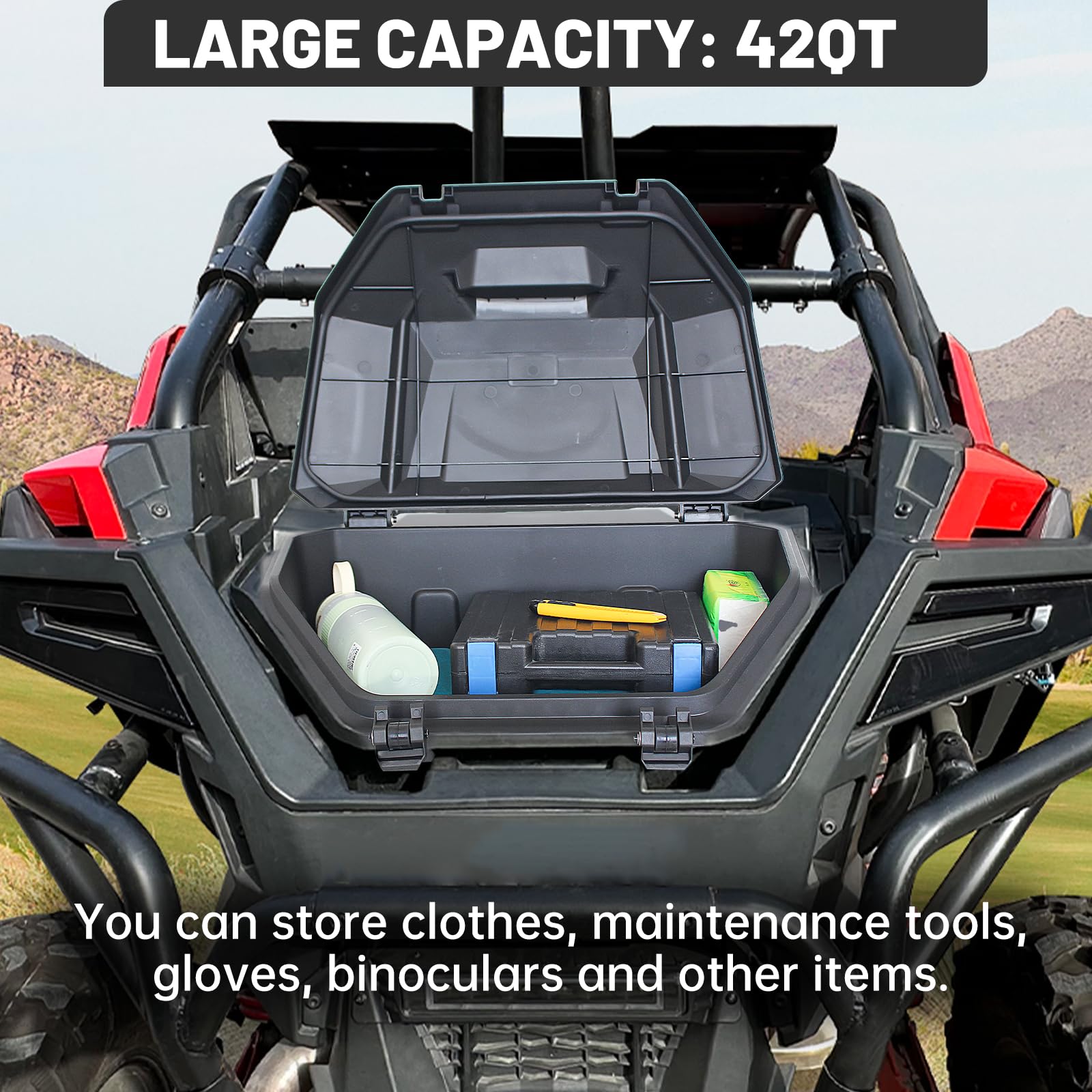 42QT Waterproof UTV Rear Cargo Storage Box with Lid - Compatible with Polaris RZR PRO XP/Turbo R 2020-2023 Models, Durable Tool Bed Organizer Replacement #2883752 - Perfect for Off-Road Adventures, Hunting Gear Storage & Worksite Equipment Transport