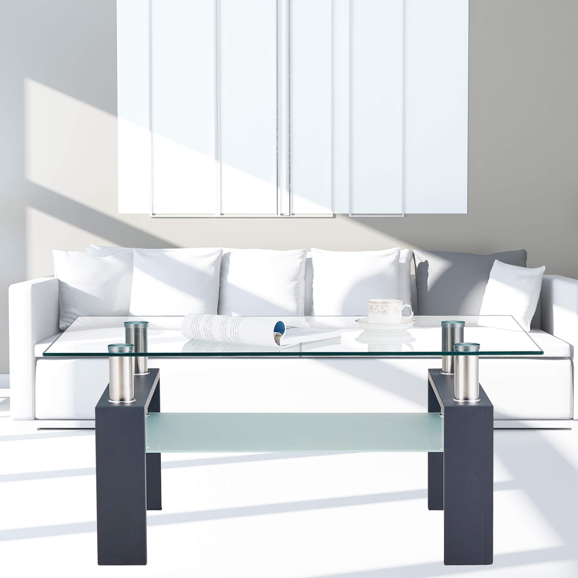 Upgraded Modern Glass Top Cocktail Coffee Table with Storage Shelf - 39 Inch Rectangle Clear Glass Center Table with Sturdy Metal Legs for Living Room, Lounge, or Office - Perfect Sofa Side Table for Entertaining Guests or Relaxing with Family