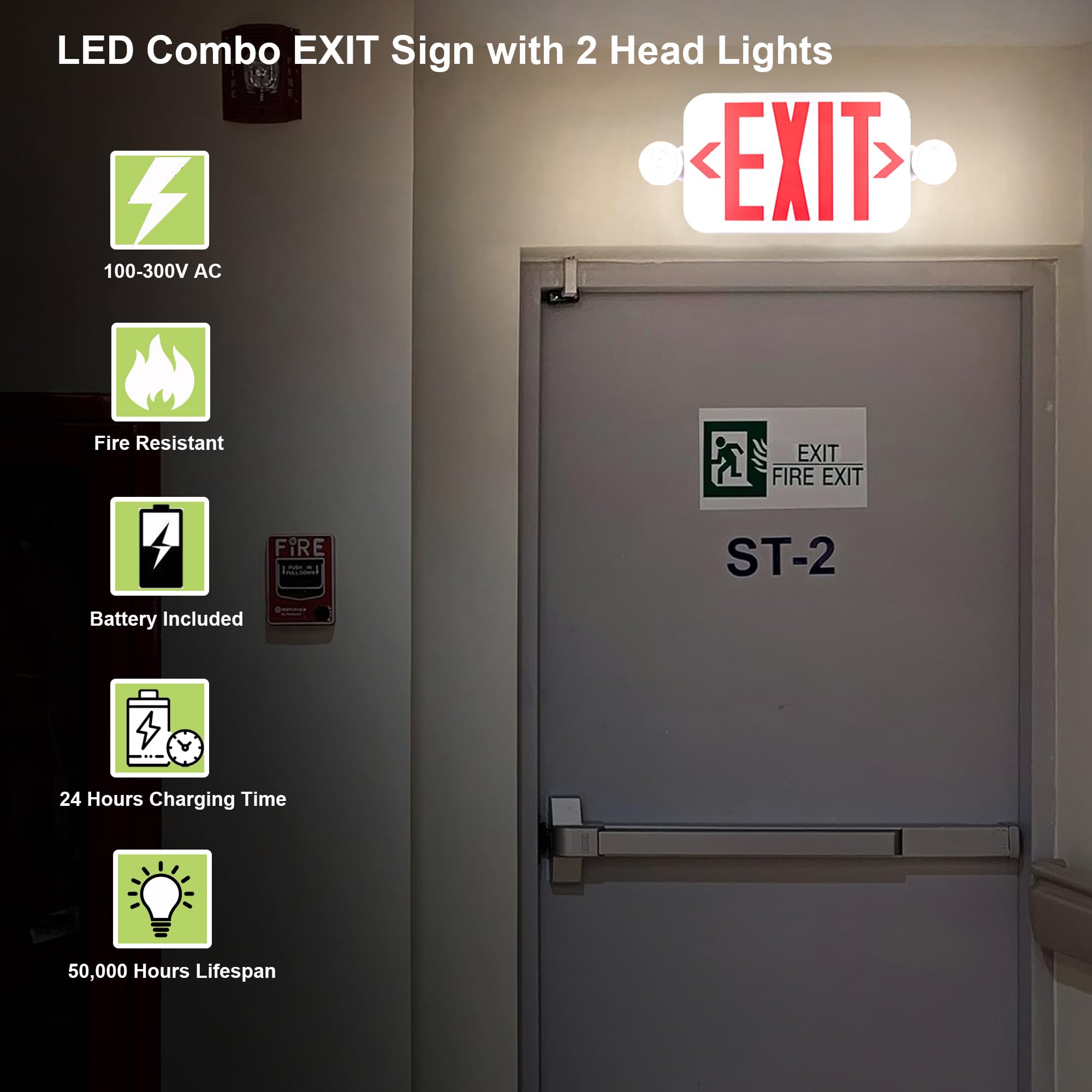 LIT-PaTH LED Combo EXIT Sign with 2 Adjustable Head Lights & Double Face - Emergency Exit Lighting with Backup Batteries, UL 924 & CEC Certified (120-277V, Red Letters) - Ideal for Commercial Buildings, Warehouses, and Public Safety Areas