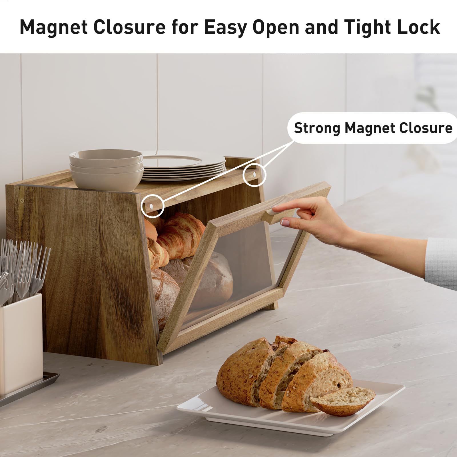 Premium Acacia Wood Bread Box with Clear Window & Air Vent - Large Kitchen Countertop Bread Storage Container, Anti-Falling Design for Fresh Bread & Pastries | Perfect for Home, Bakery & Restaurant Use