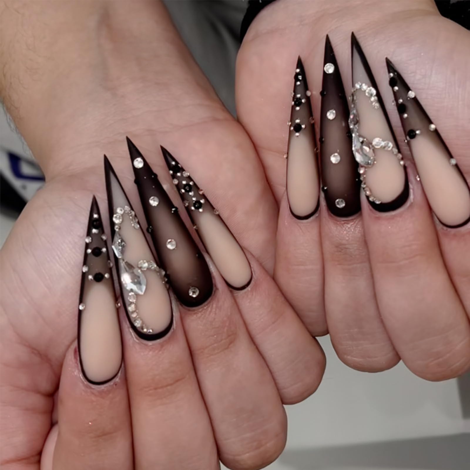 Luxury Brown Press On Nails - 24Pcs Long Stiletto Fake Nails with French Tips, Rhinestones & Goth Black Ombre Designs | Glossy Acrylic Glue On Nails for Women | Perfect for Parties, Weddings & Special Occasions