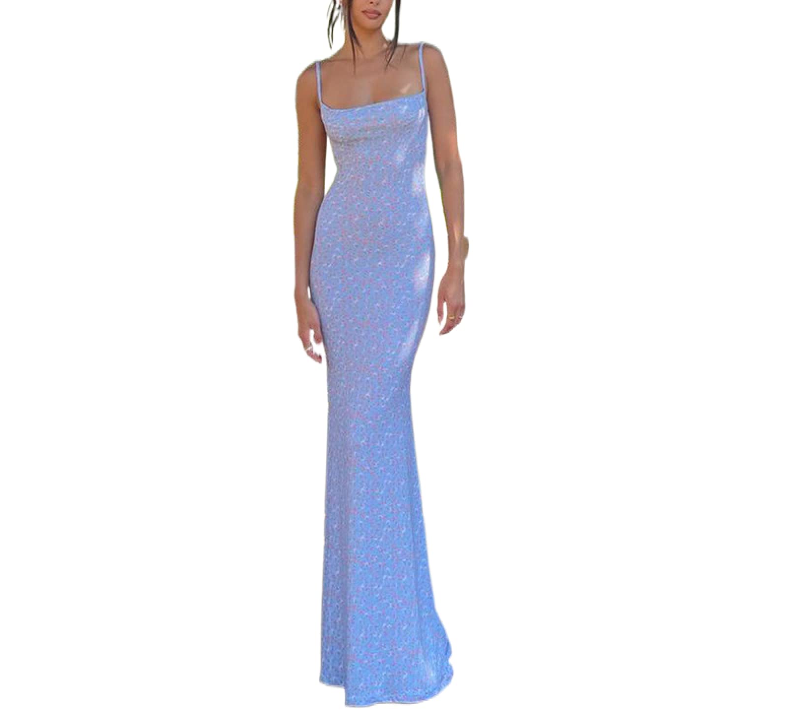Seyumixi Women's Floral Print Backless Long Dress - Spaghetti Strap Bodycon Maxi Dress for Summer, Low Cut Streetwear - Perfect for Beach Vacations, Date Nights & Outdoor Parties