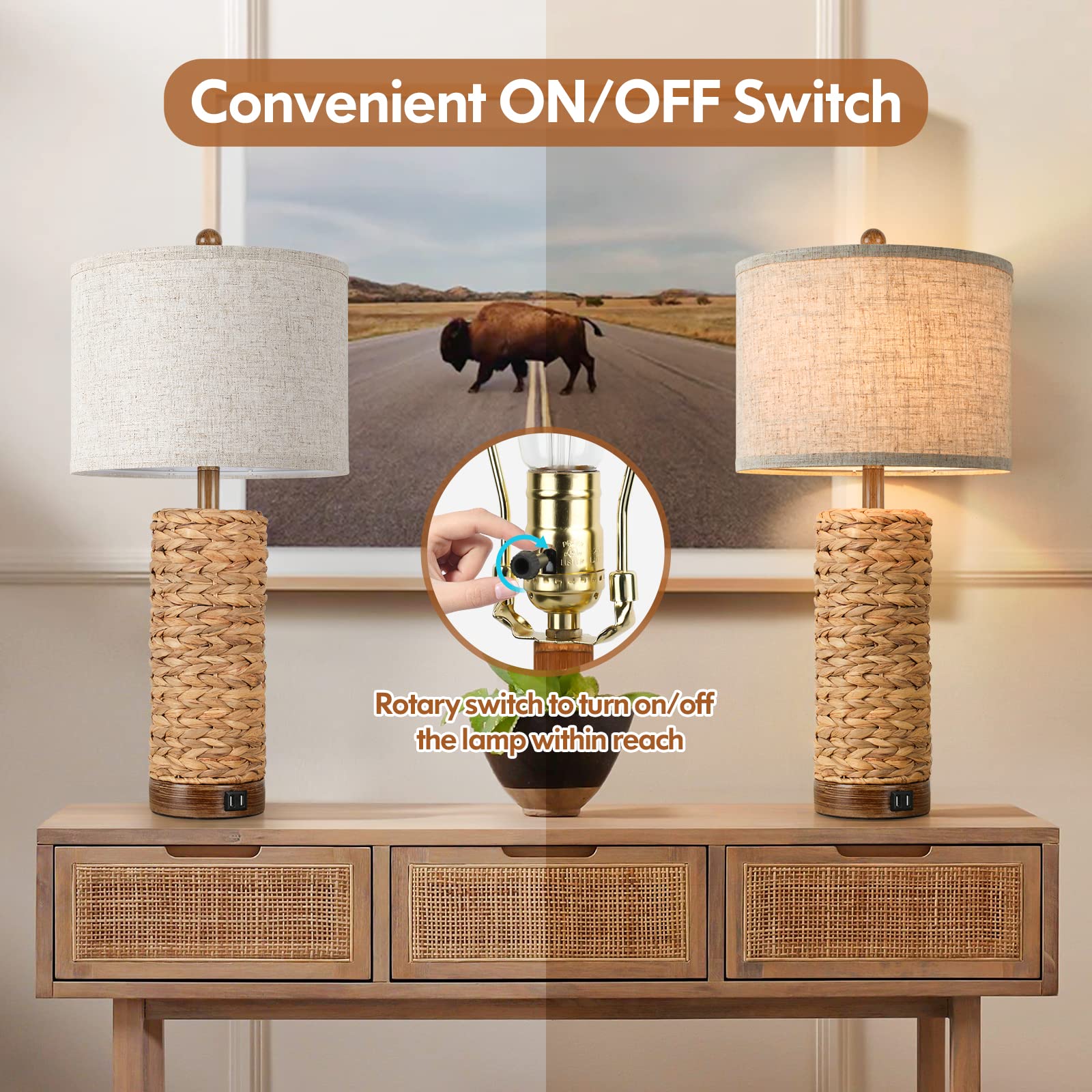 Set of 2 Rattan Table Lamps with 2 USB Ports - 27