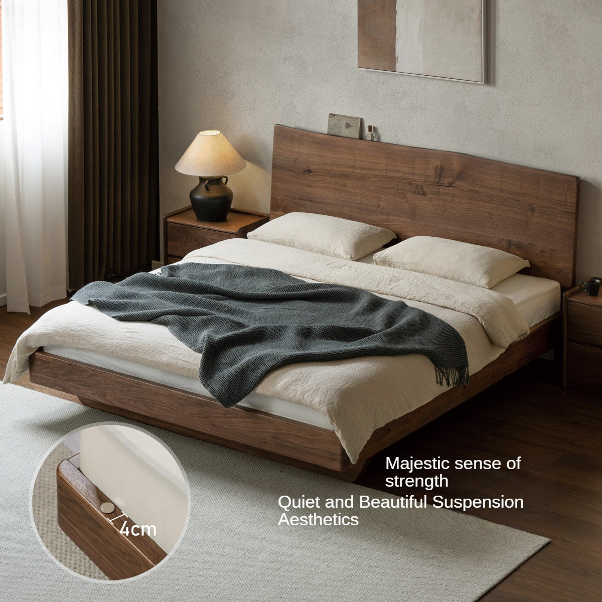 Black Walnut Solid Wood Bed Frame - Wabi Sabi Style Minimalist Bedroom Furniture for Zen & Japandi Home Decor