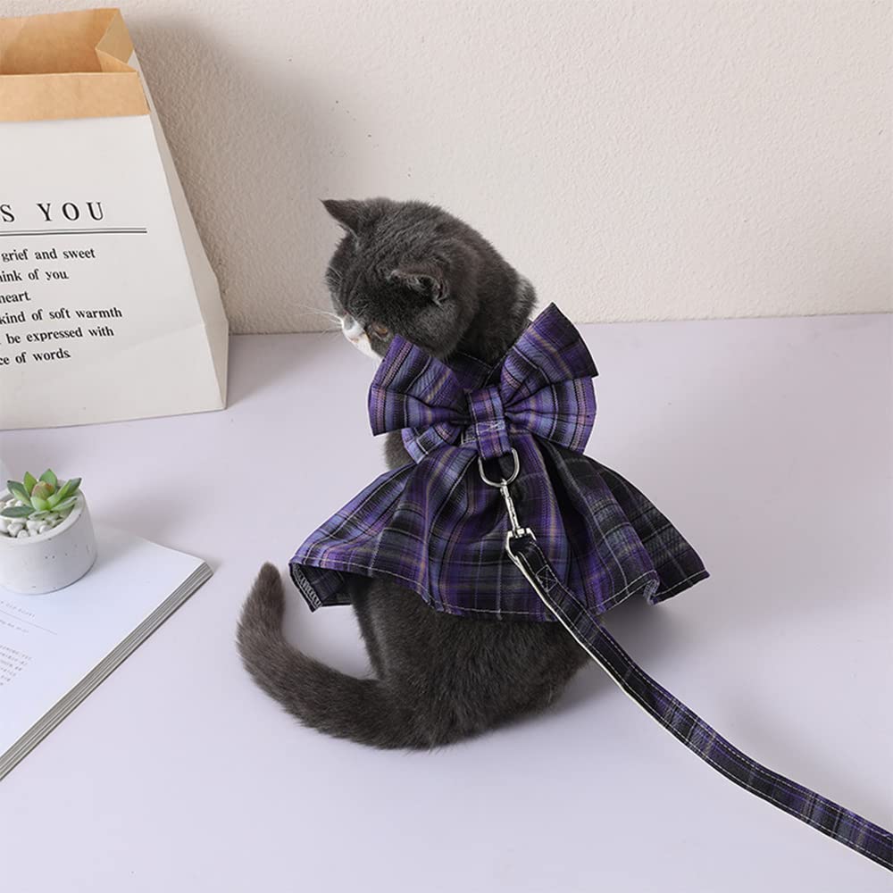 Tikwek Plaid Dog Dress with Bow Tie & Leash Set - Cute Pet Outfits for Small Dogs, Puppy Skirt with Harness & Leash Ring (Purple, XL) - Perfect for Parties, Walks & Photo Shoots