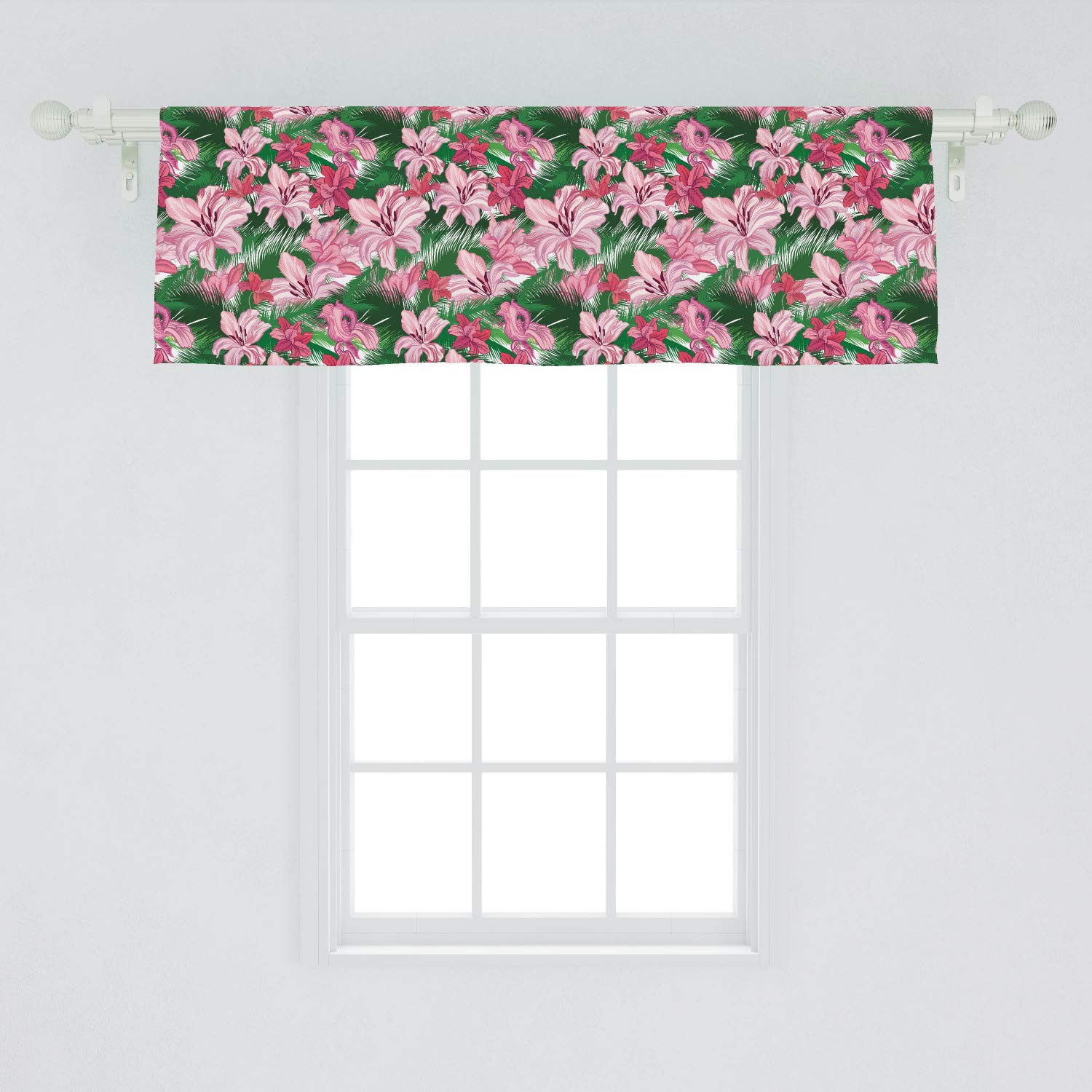 Ambesonne Jungle Window Valance - Exotic Hawaiian Island Blossoms in Pink Shades, Spring Paradise Curtain Valance for Kitchen & Bedroom Decor with Rod Pocket, 54