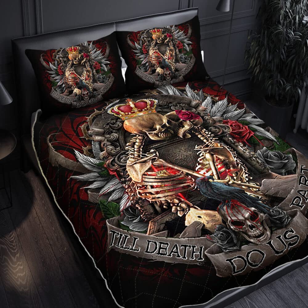 GEEMBI Skull Couple Quilt Set with 2 Pillowcases - Twin Size All Season Cotton Bedding | Soft Lightweight Coverlet & Bedspread for Gothic Home Decor, Dorm Room or Couples Gift