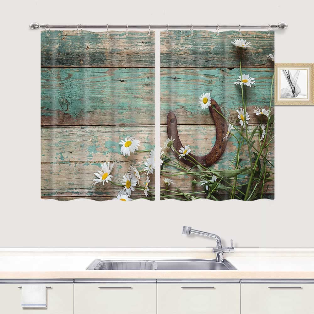 Rustic Horseshoe Kitchen Curtain with Daisy - Farmhouse Decor for Western Ranch Homes - 42x45 Inch