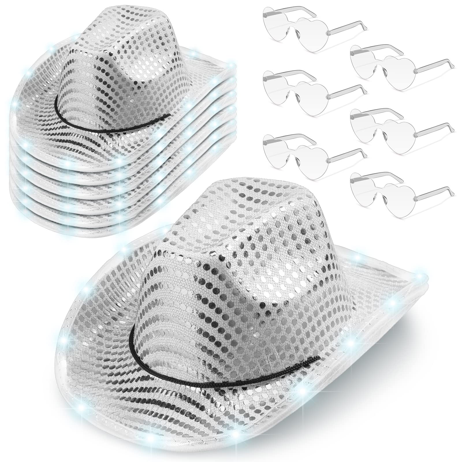 **Zhanmai 6-Pack LED Light Up Cowboy Hats with Glitter & Sequin - Space Cowgirl Hat for Women & Men - Costume Party, Rodeo, Halloween, and Festival Accessories**